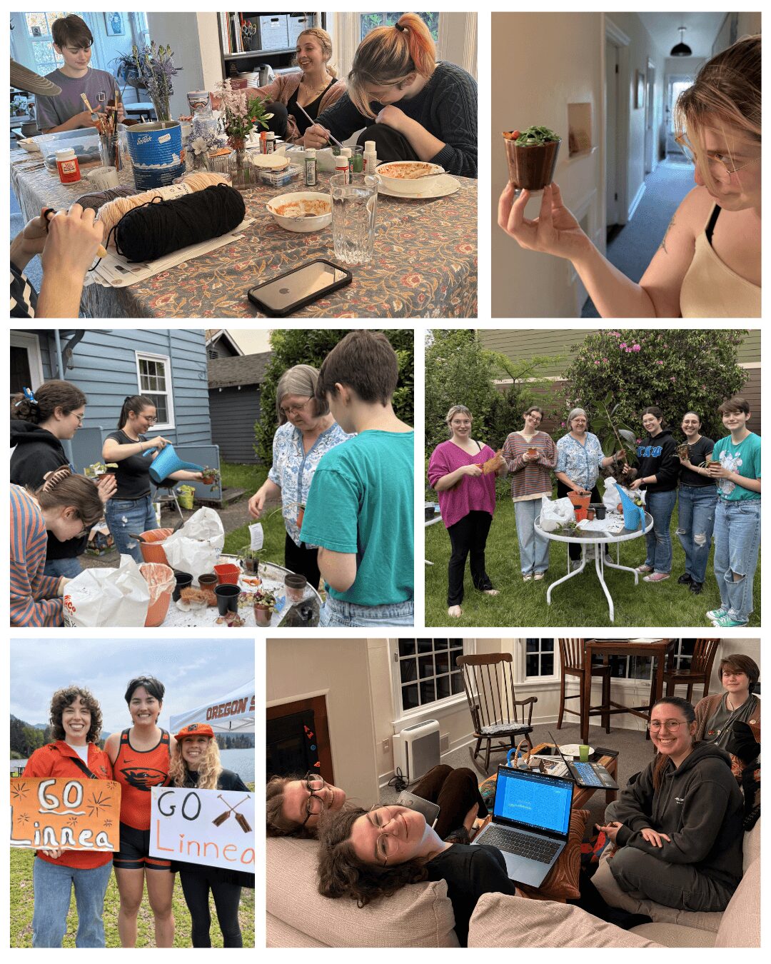 Group of people at a gathering, some holding signs, others using laptops, in various indoor and outdoor settings. Word 'GO' visible.