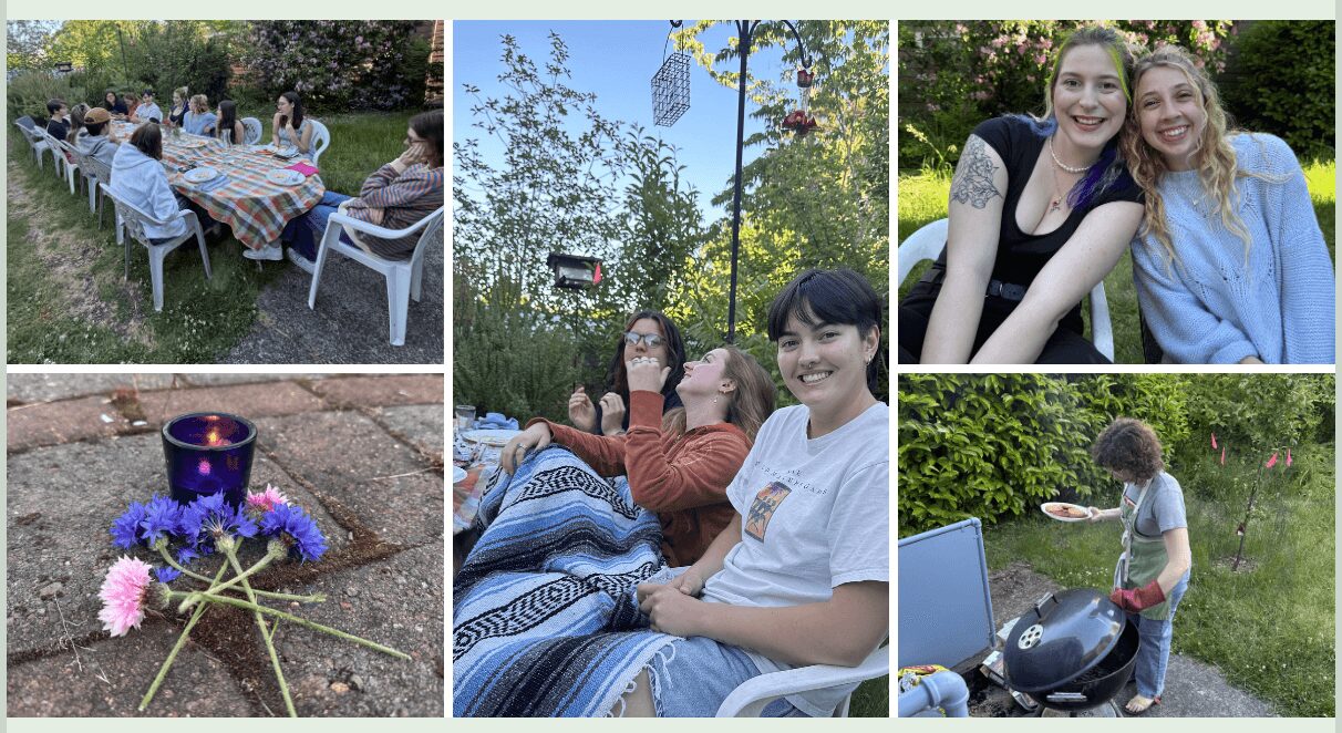 Group of people at outdoor gathering, two girls smiling, person using laptop outdoors, candle with flowers, and a person on a scooter.