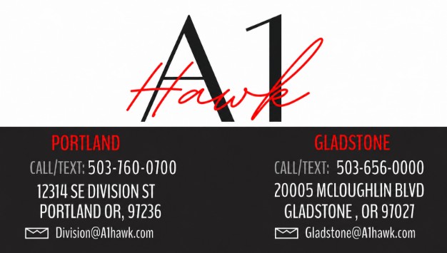 Business card with black, red, and white text, displaying contact information for Portland and Gladstone locations.