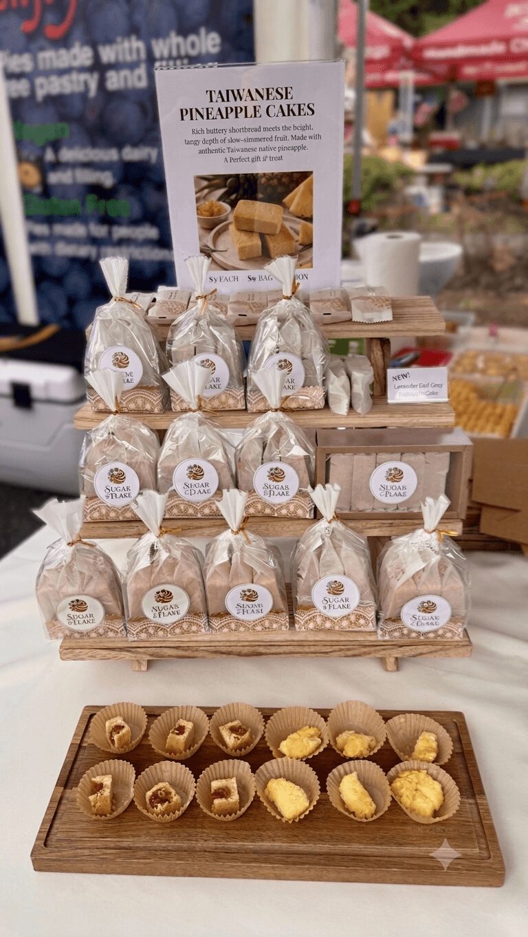 Display of Taiwanese pineapple cakes in paper bags and a wooden tray with individual cakes, outdoors setting.