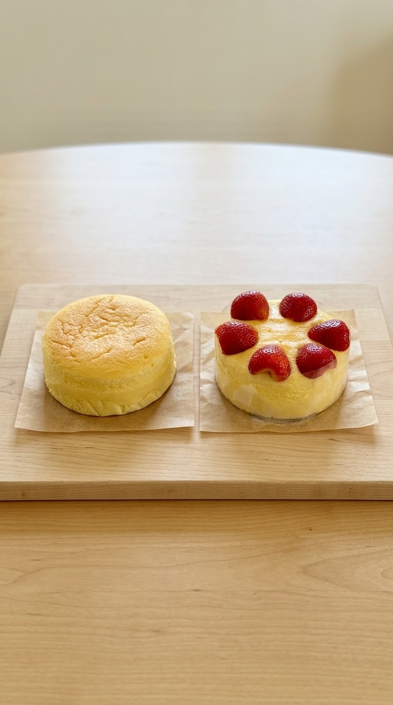 Two small cakes on a wooden board, one plain and one topped with raspberries, on a light table.