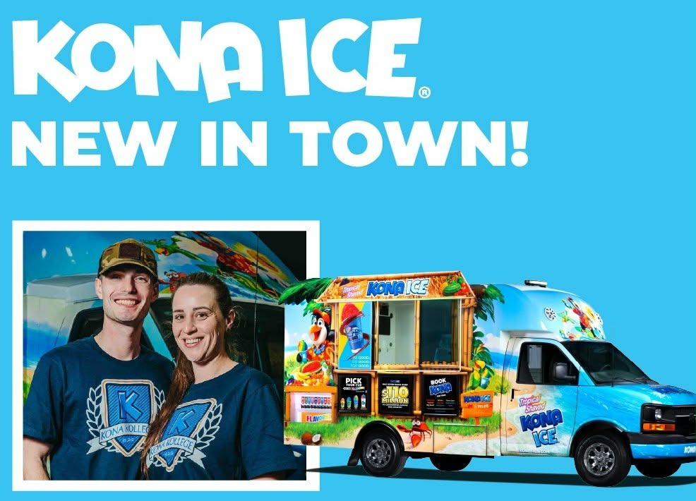 Ice cream truck with colorful decorations and a photo of two smiling people in front, on a blue background.