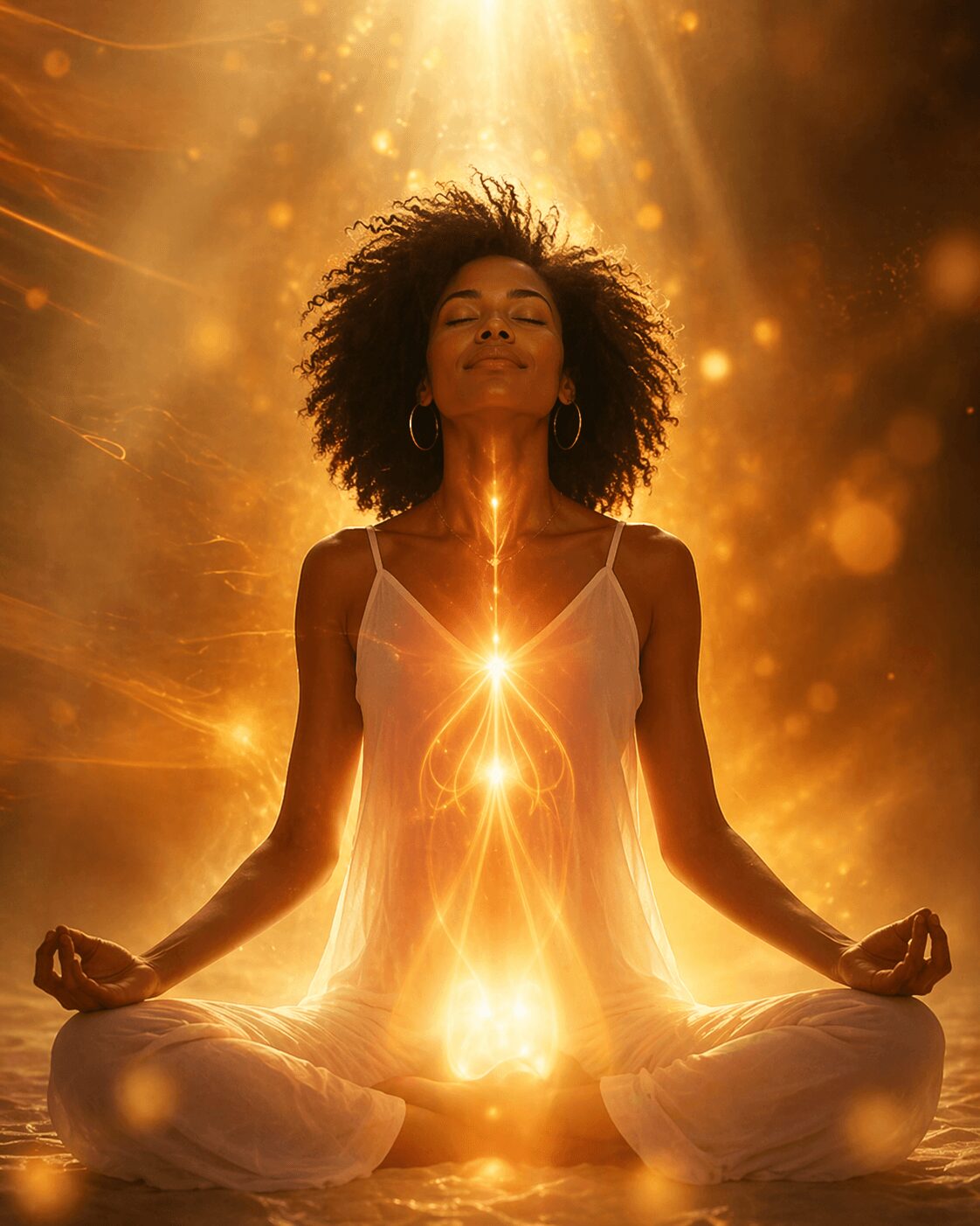 Woman meditating in a glowing, golden light with her eyes closed, sitting cross-legged with hands on knees, surrounded by sparkles.