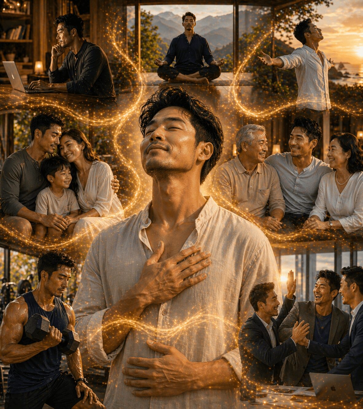 Young man with eyes closed, hand on chest, surrounded by people in various activities outdoors at sunset.