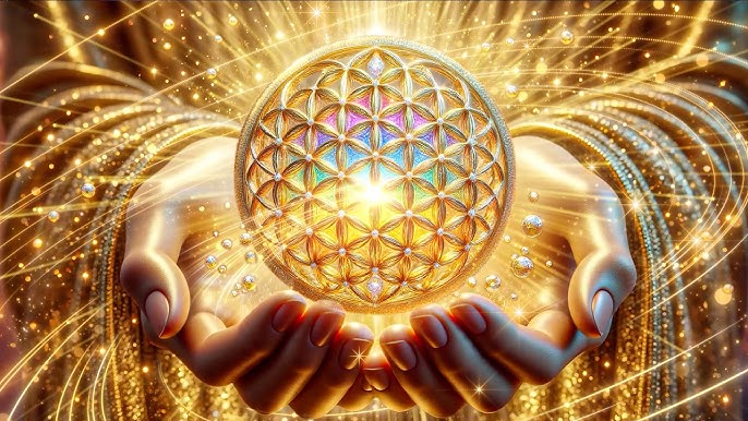 Hands hold a glowing geometric sphere with radiant light and sparkles surrounding it.