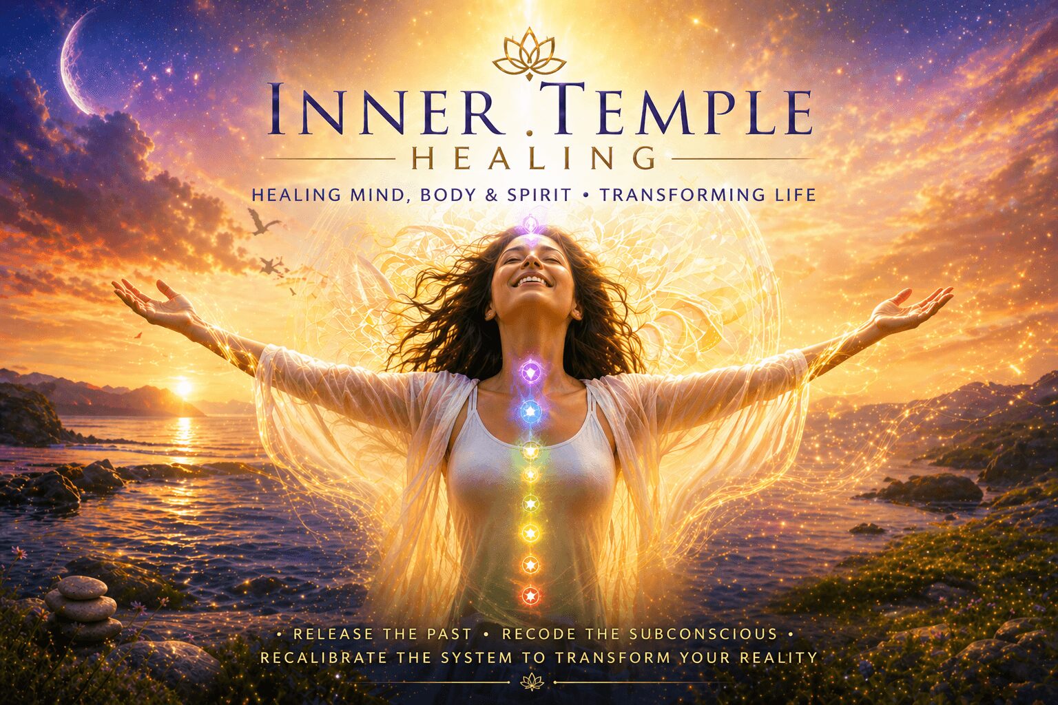 Woman with arms outstretched standing in water at sunset, glowing light around her, sky with clouds and stars, promoting healing.