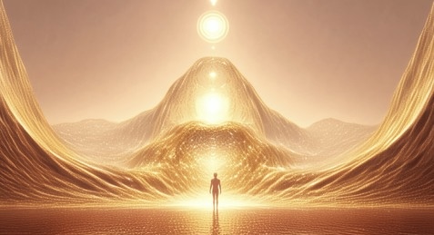 A person stands in a surreal landscape with glowing mountains and three suns in the sky.