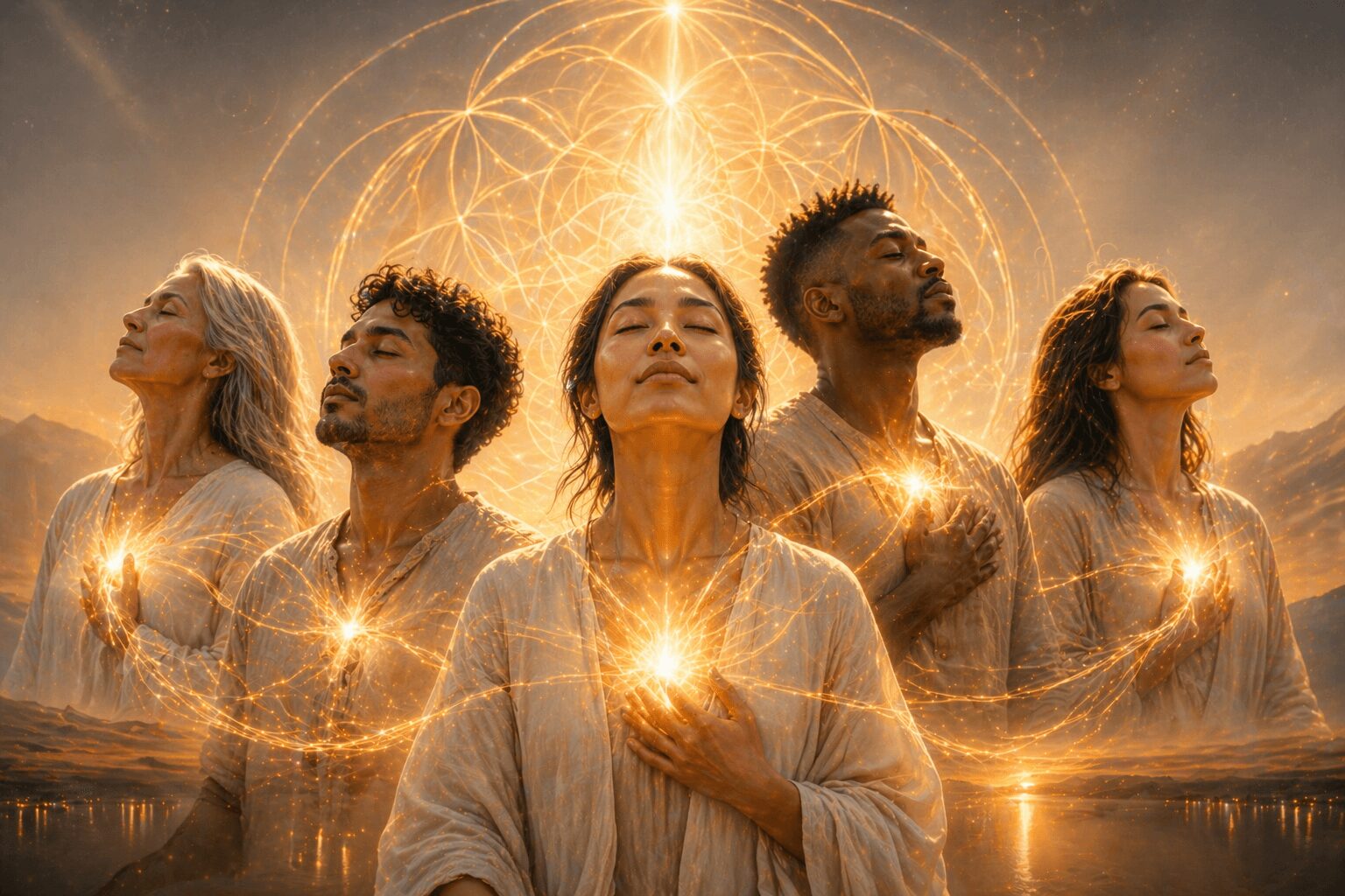 Five people with closed eyes and serene expressions, standing with glowing light patterns around them, holding their hands near their chests.