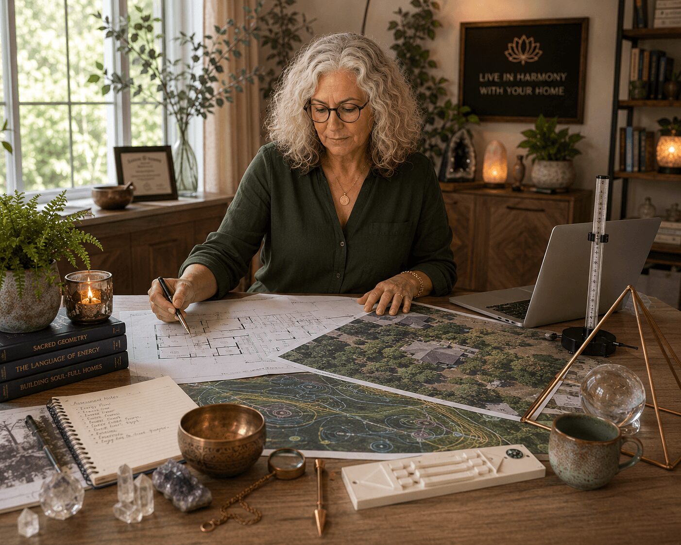 Woman with curly gray hair and glasses working on architectural plans at a desk in a well-lit room.
