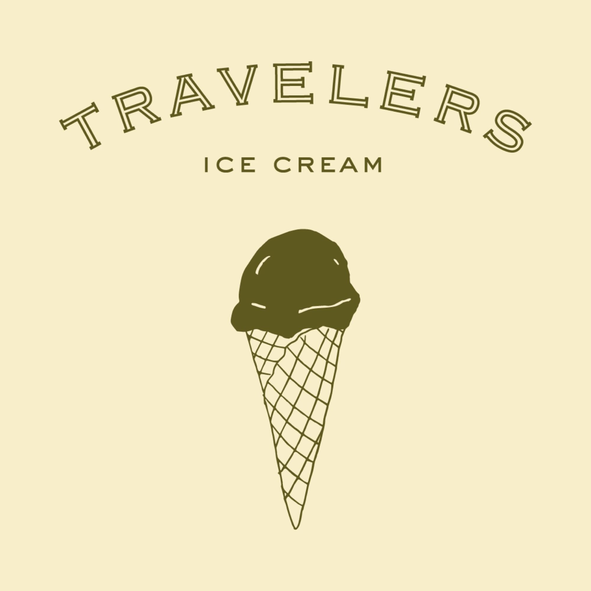 Travelers ice cream logo with a cone and scoop, beige background, text above and below, simple design.