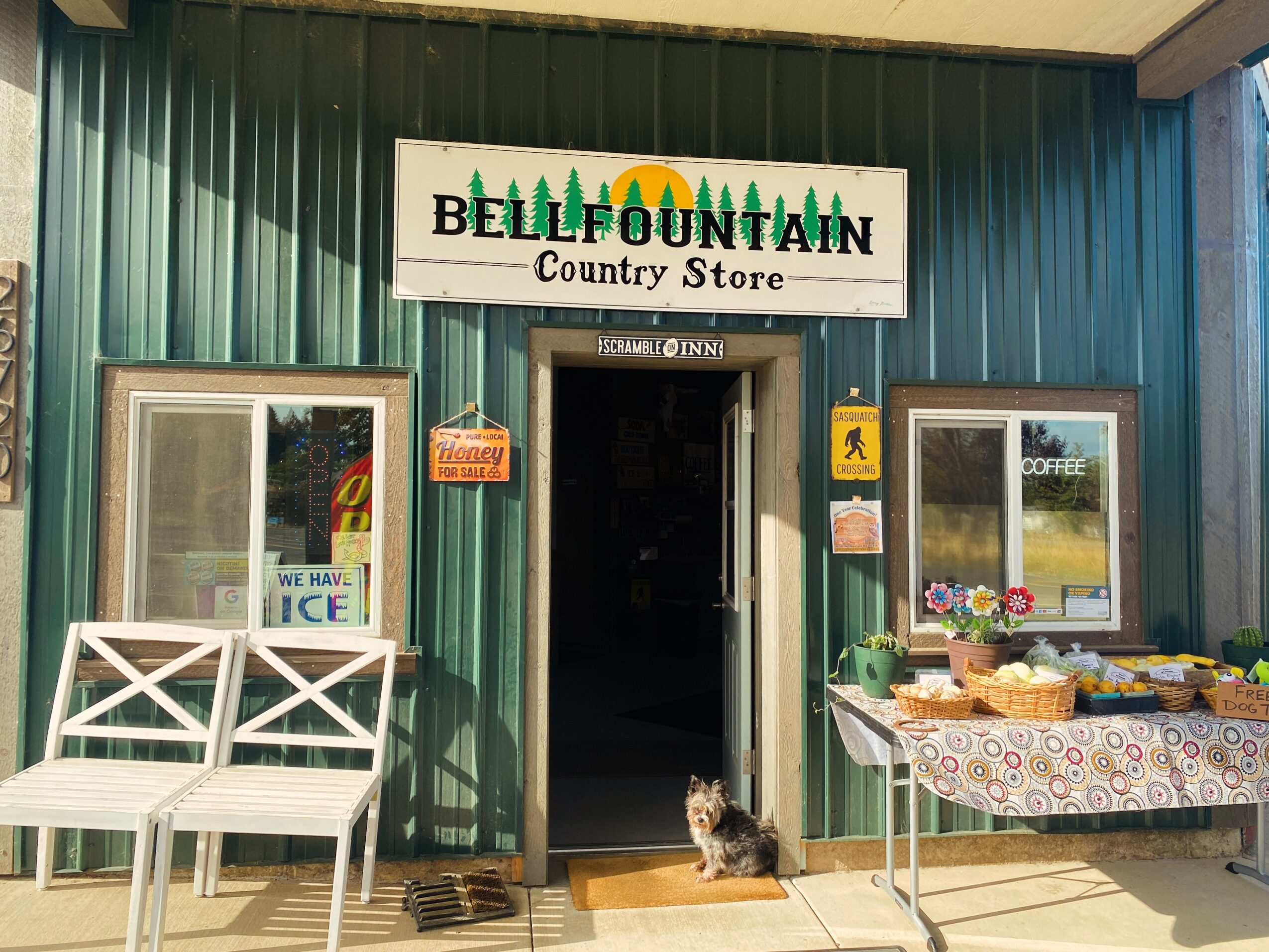 Country store with green exterior, sign reading 'Bell Fountain,' window displays, and a table with items outside, a small dog nearby.