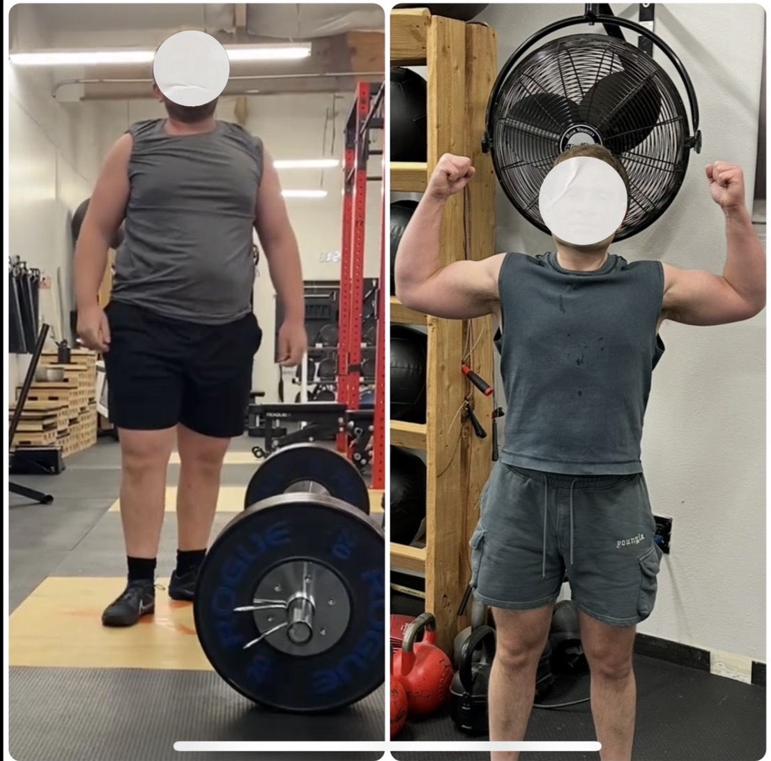 Side-by-side photos of a person lifting weights, one with a barbell and the other flexing arms, face obscured.
