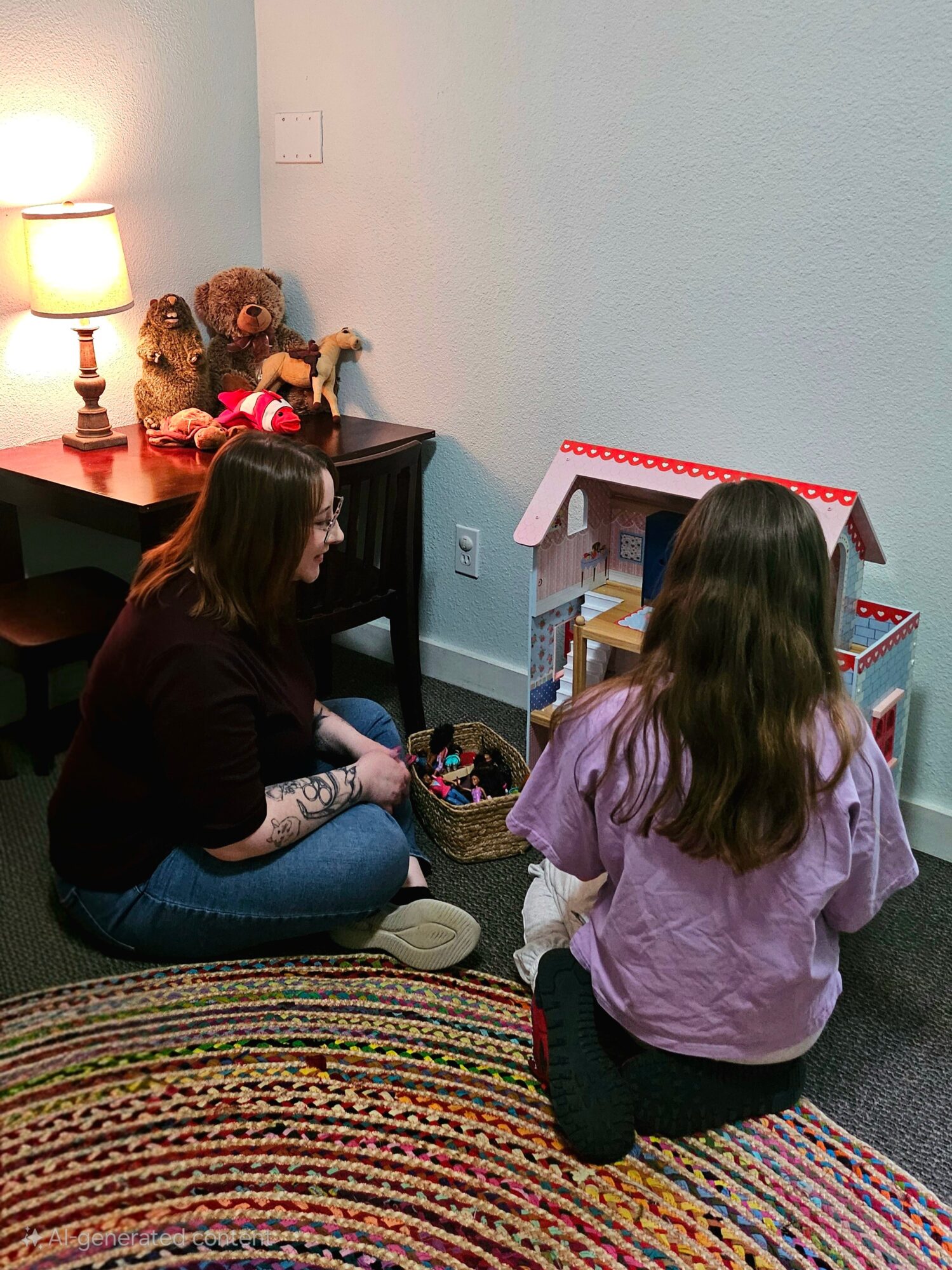 Two children playing with a dollhouse in a room with a colorful rug, a lamp, and a teddy bear on a side table.