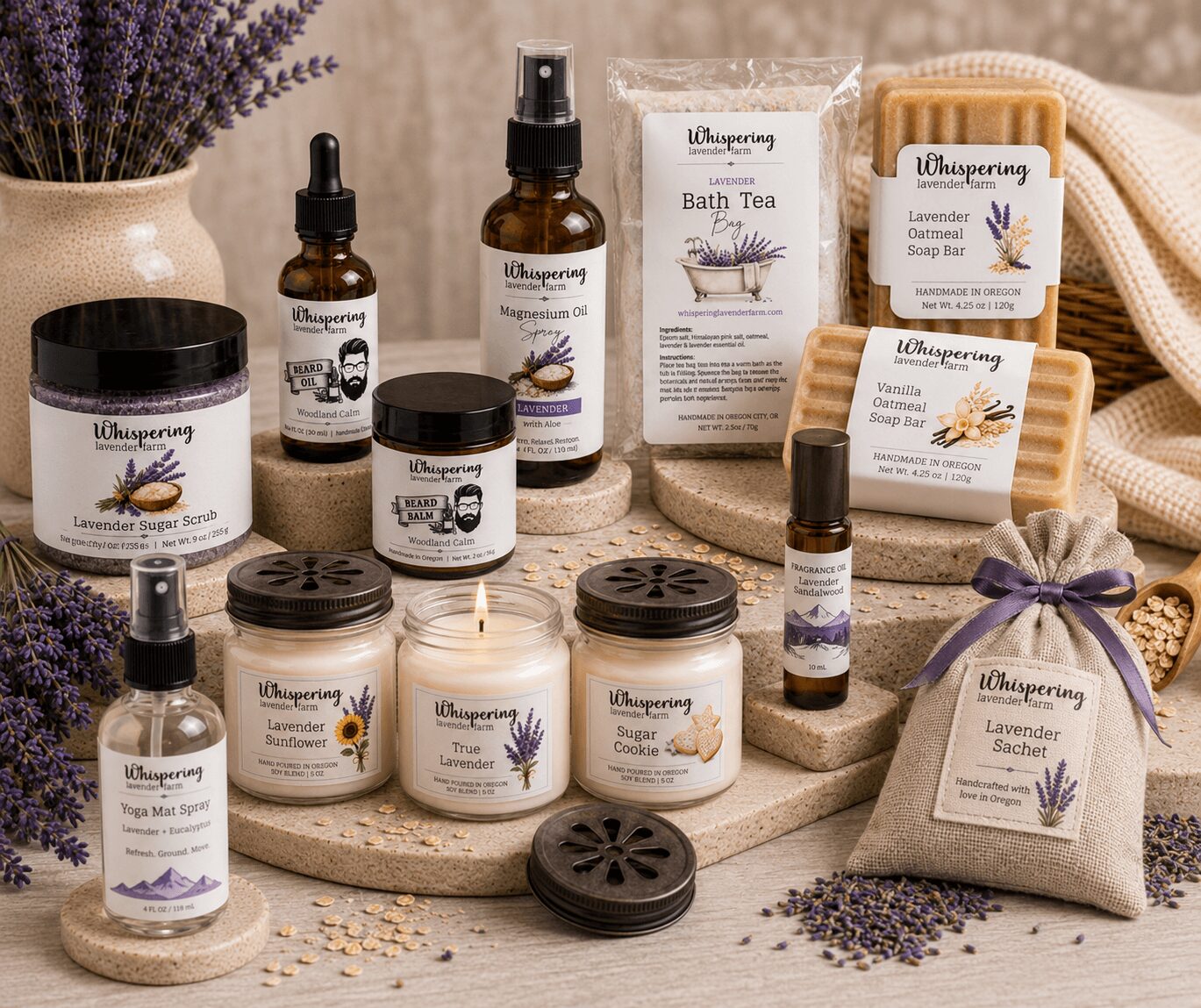 Collection of lavender-scented skincare and bath products, including jars, bottles, soap, and a lavender sachet, arranged on a stone surface.