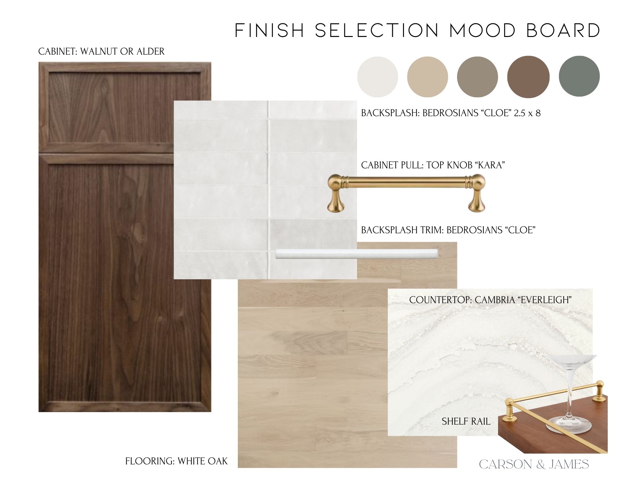 Mood board with wood cabinet, white oak flooring, marble backsplash, and brass fixtures, showing color palette and material samples.