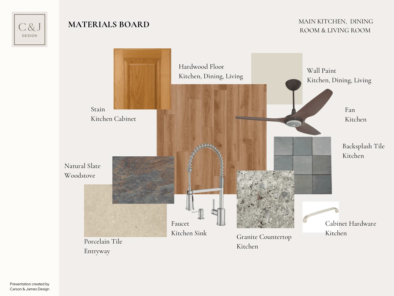 Materials board showing wood, tile, granite, and cabinet hardware for kitchen and dining room, with a bird in flight.