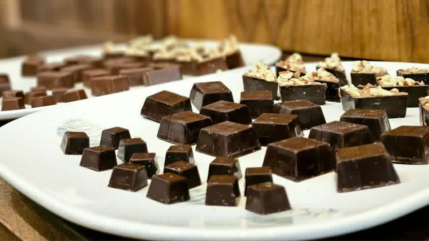Assorted chocolates on a white plate, some with nuts, in a blurred background.