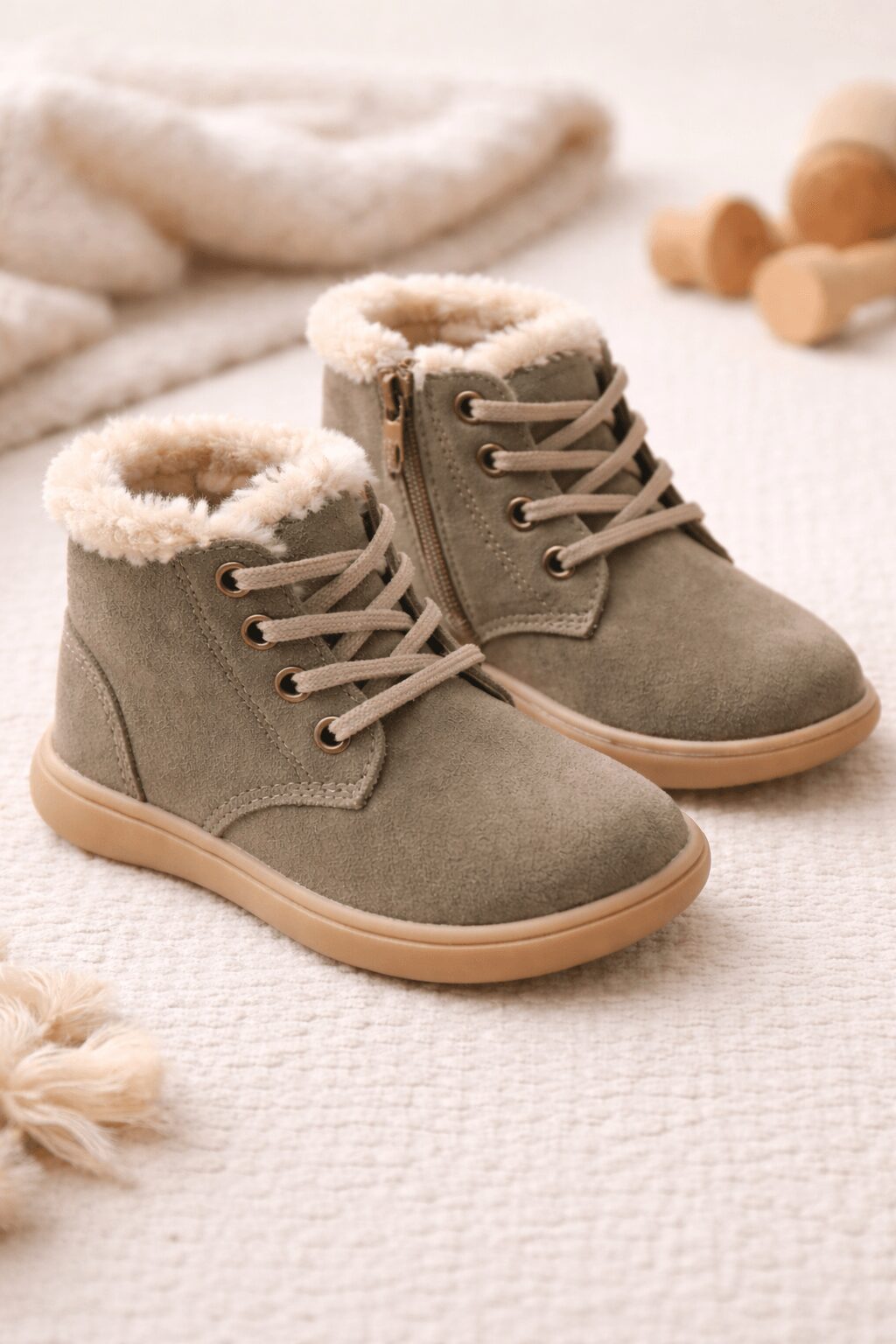 Pair of gray children's shoes with beige soles and fluffy lining, on a textured white surface.