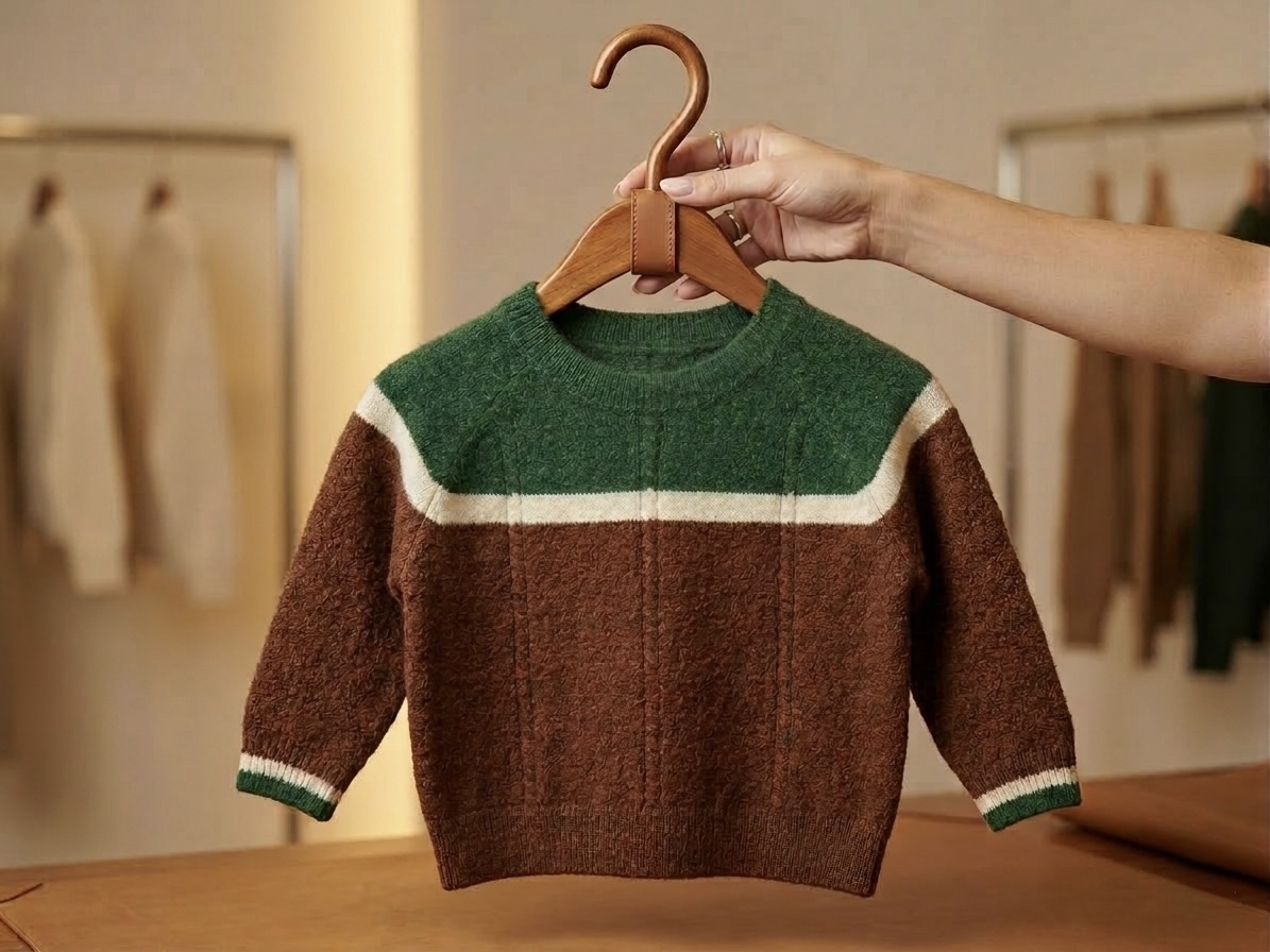 Child's sweater with green, white, and brown colors, held by a person in a clothing store.