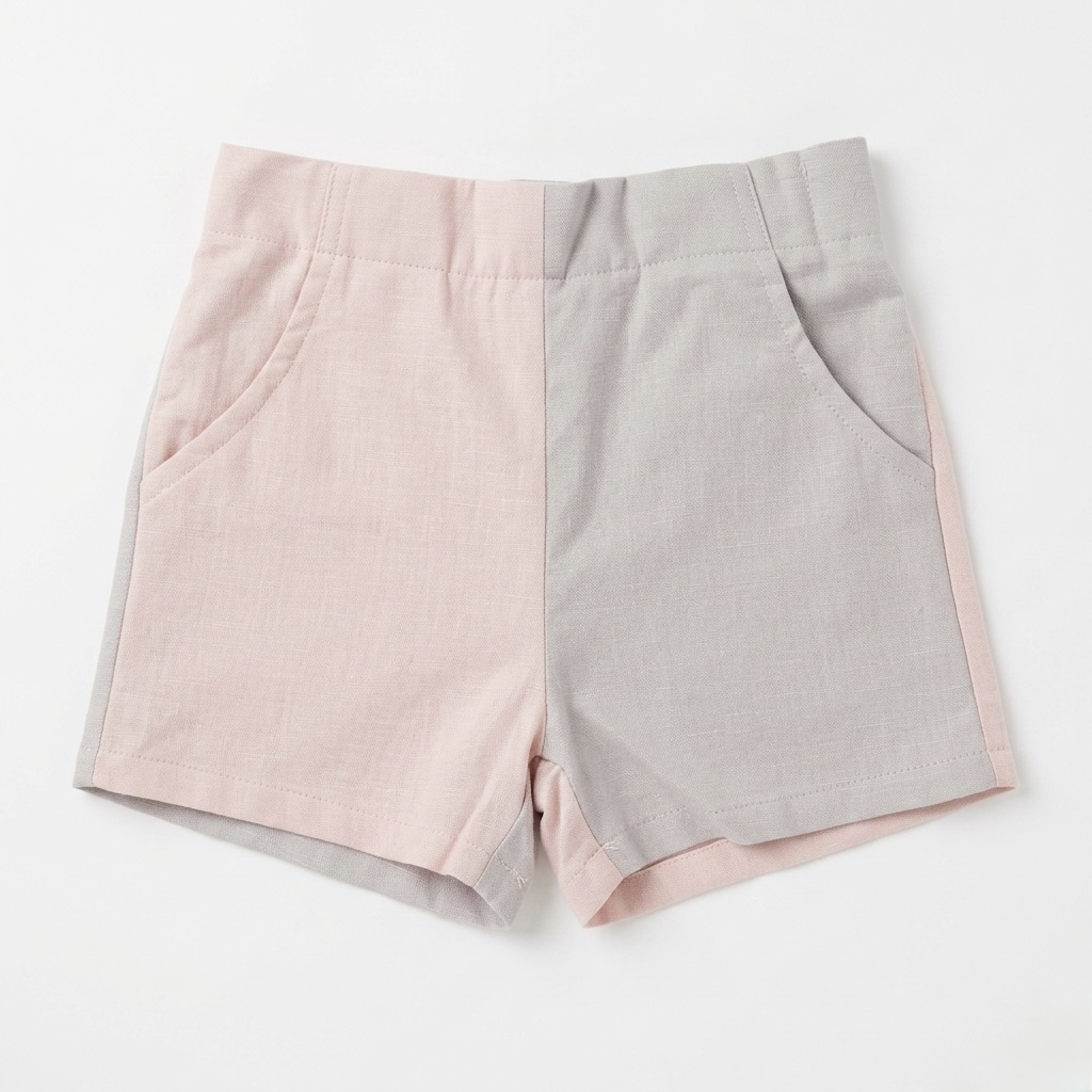 Pair of shorts with one side pink and the other gray, featuring front pockets, on a white background.