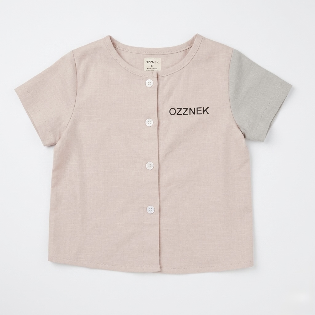 Baby pink short-sleeve shirt with gray sleeve, buttons down front, and 'OZZNEK' text on chest, on white background.