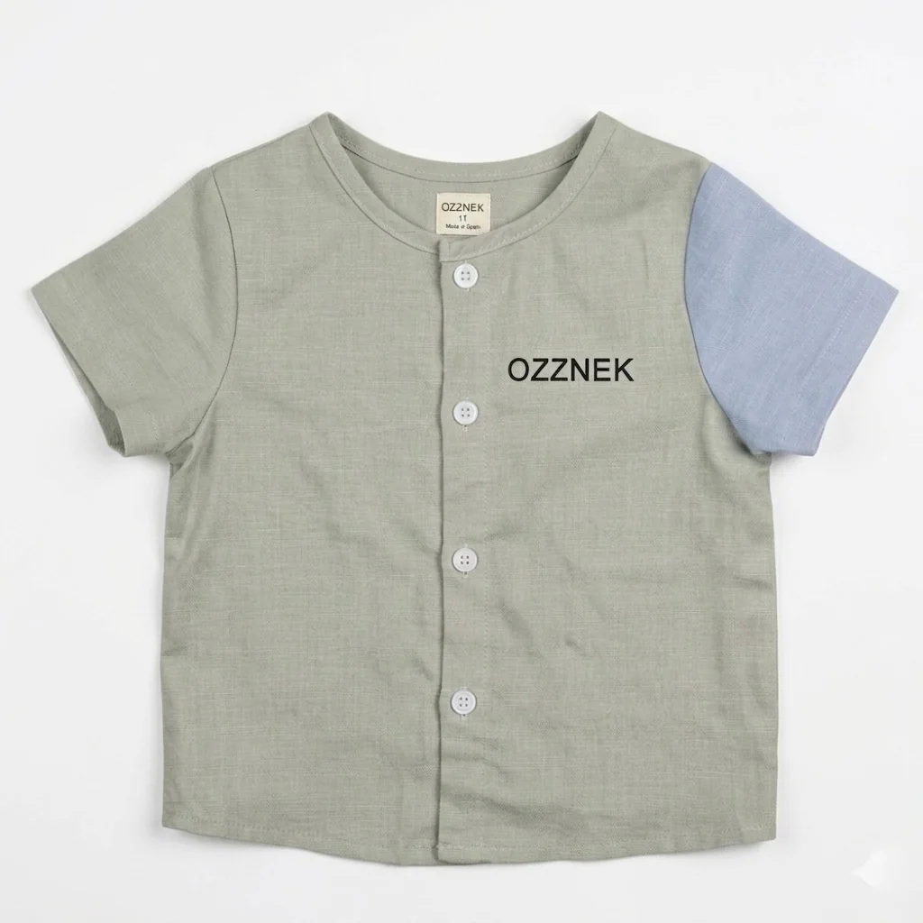 Light gray short-sleeve shirt with blue sleeve, button-up front, and 'OZZNEK' text on chest, laid flat on white background.