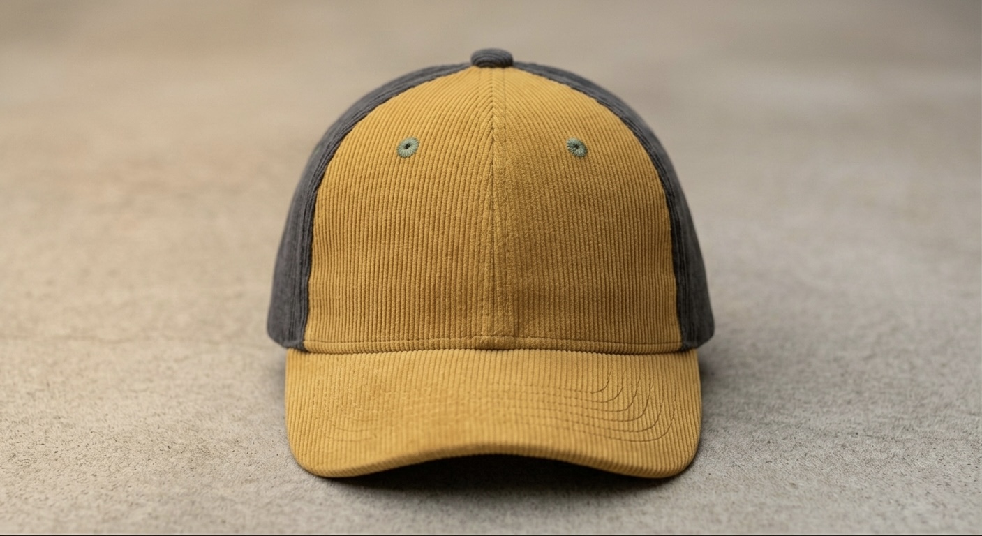 Yellow and black baseball cap on a neutral surface.