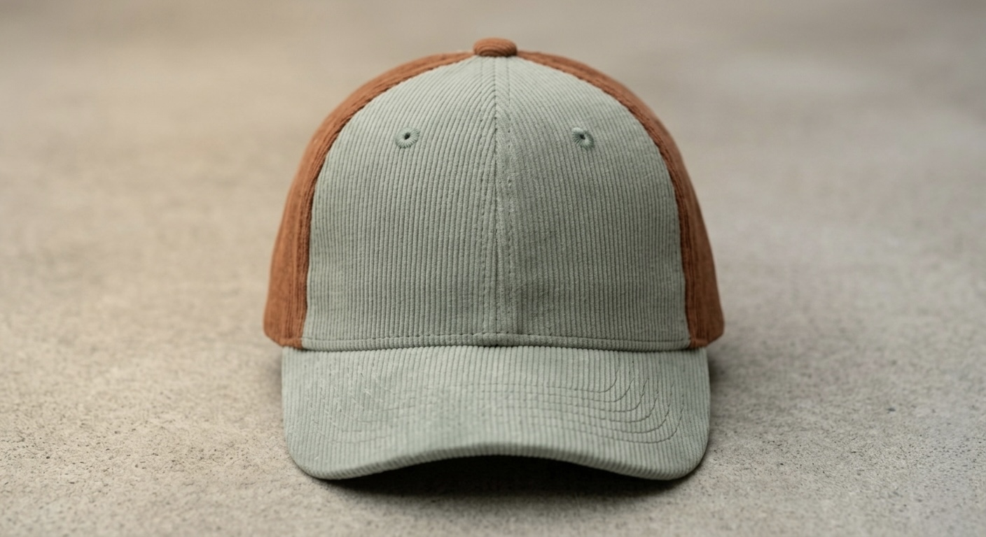 Gray and brown baseball cap on a flat surface, front view, with a curved brim.