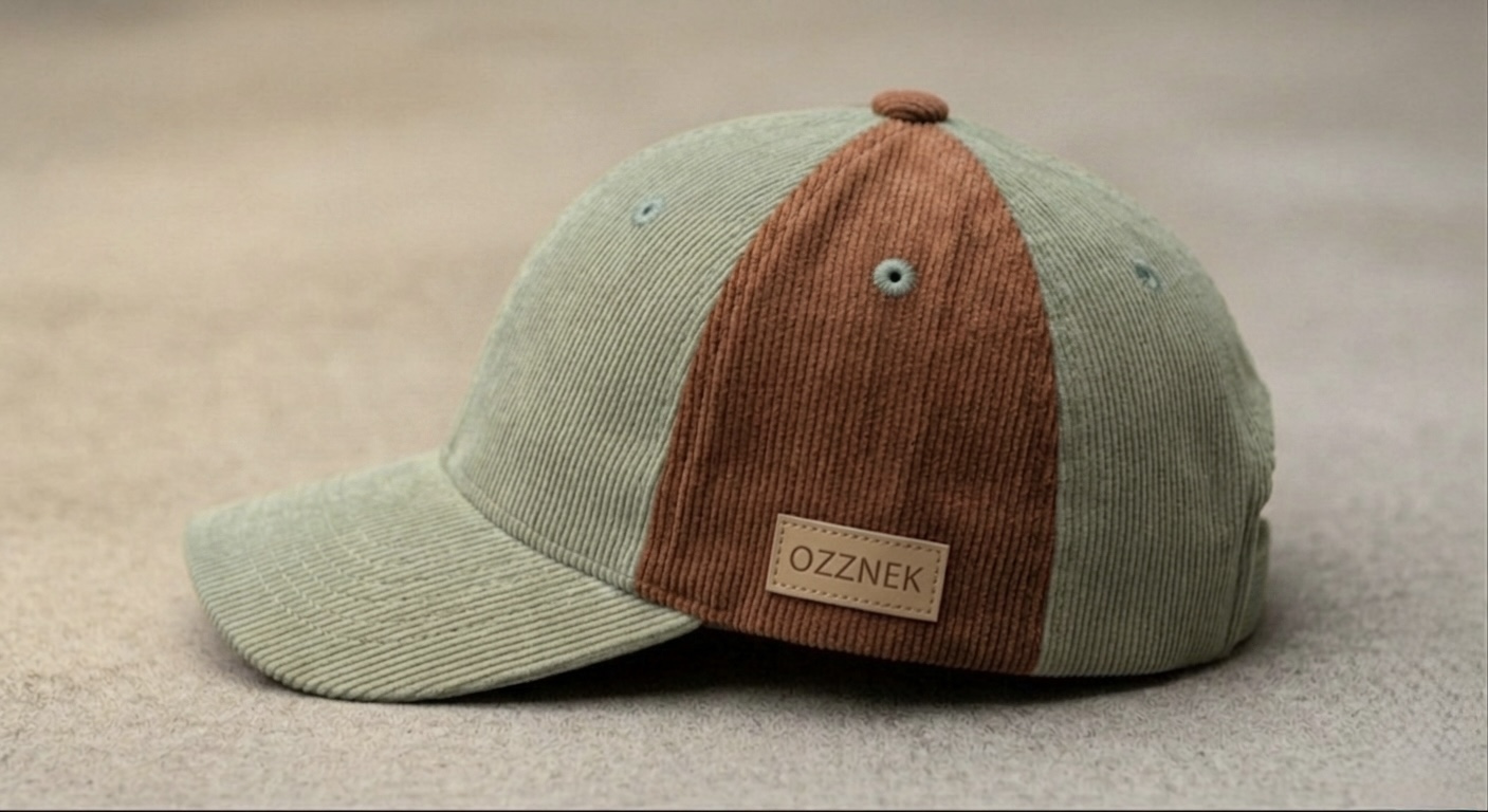 Cap with green and brown fabric panels, a small label, and a curved brim on a neutral surface.