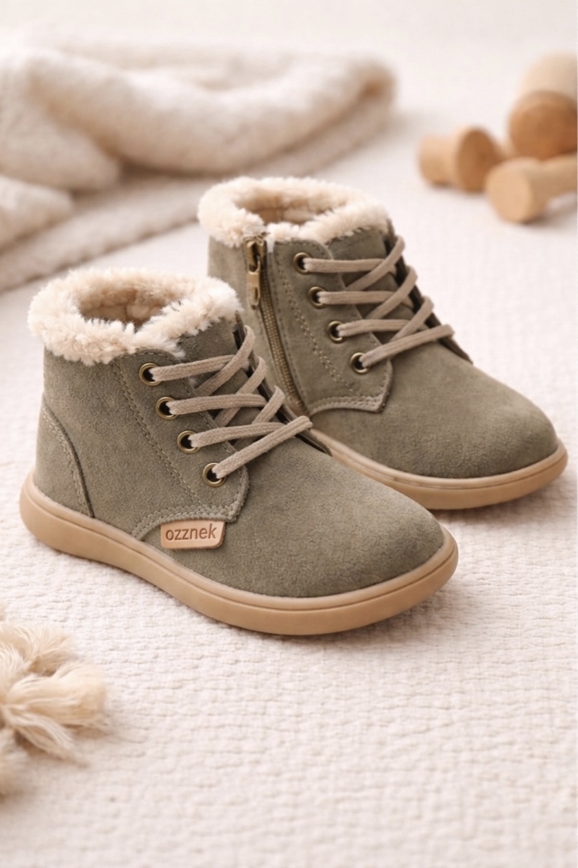 Pair of gray children's shoes with beige soles and fuzzy lining, placed on a soft surface with a blanket and wooden toys nearby.