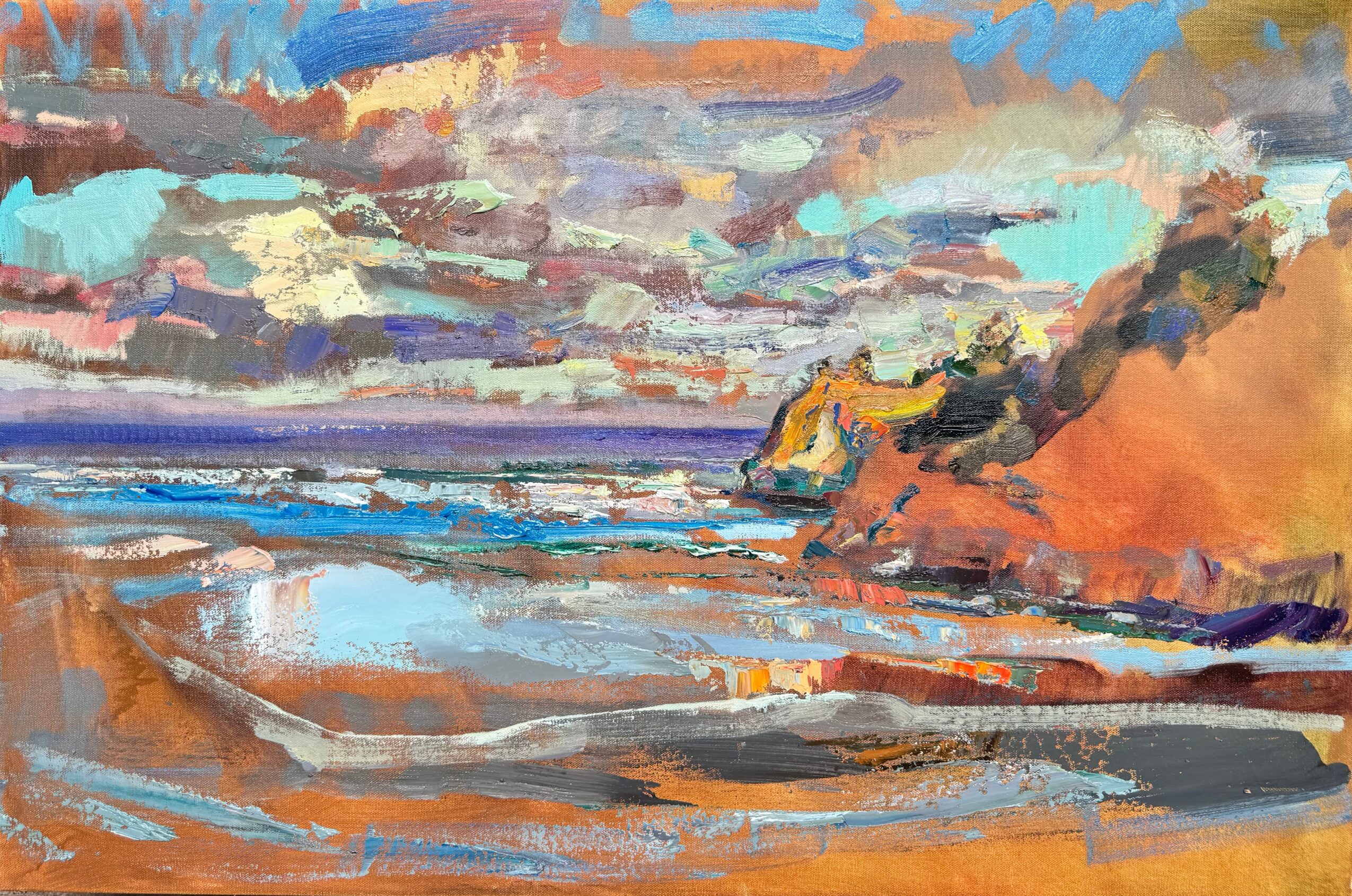 Colorful landscape with sky, clouds, water, and land formations in vibrant hues.