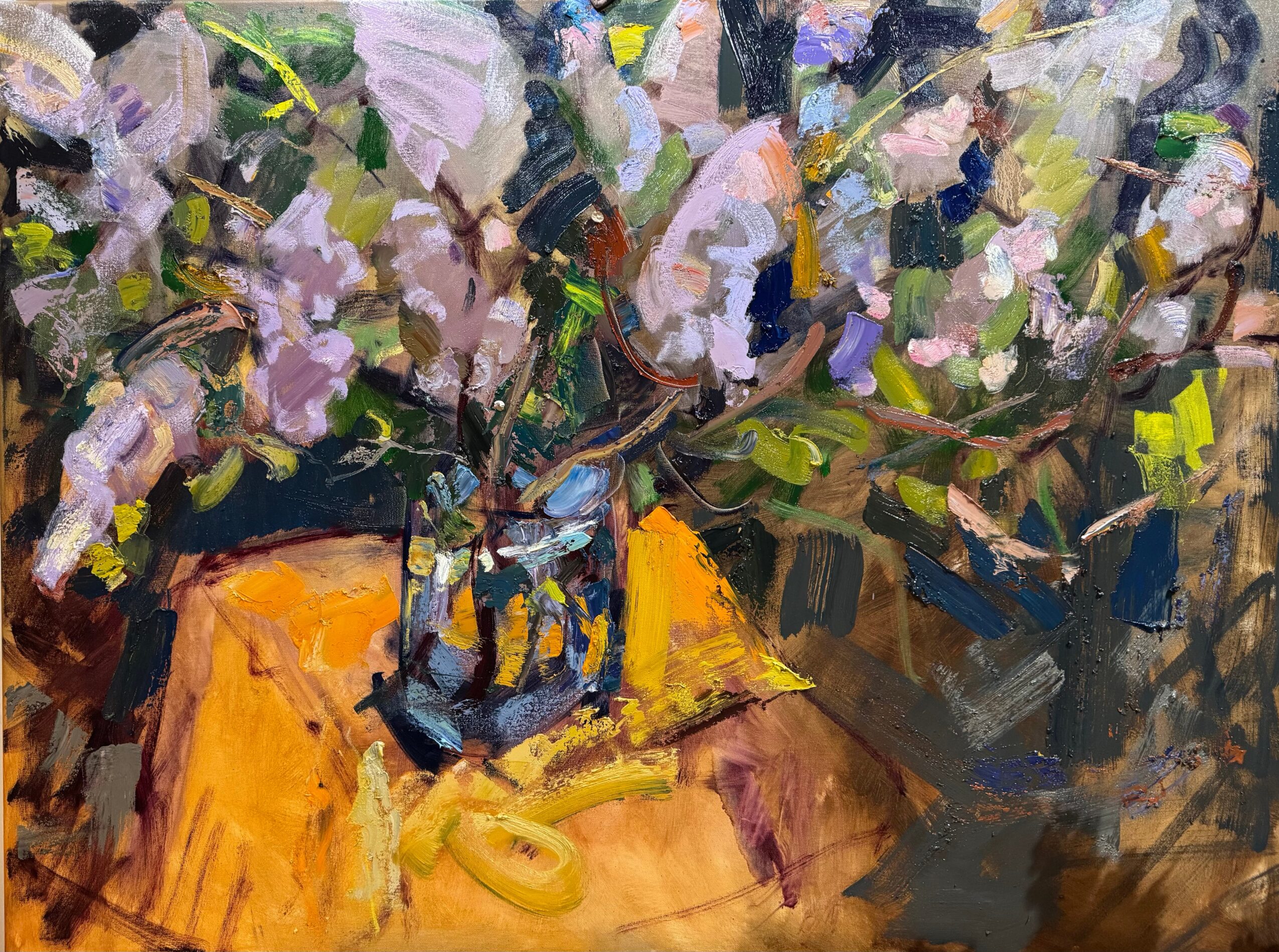 A still life painting of a yellow table with a vase of pink and white flowers, painted in an impressionistic style.