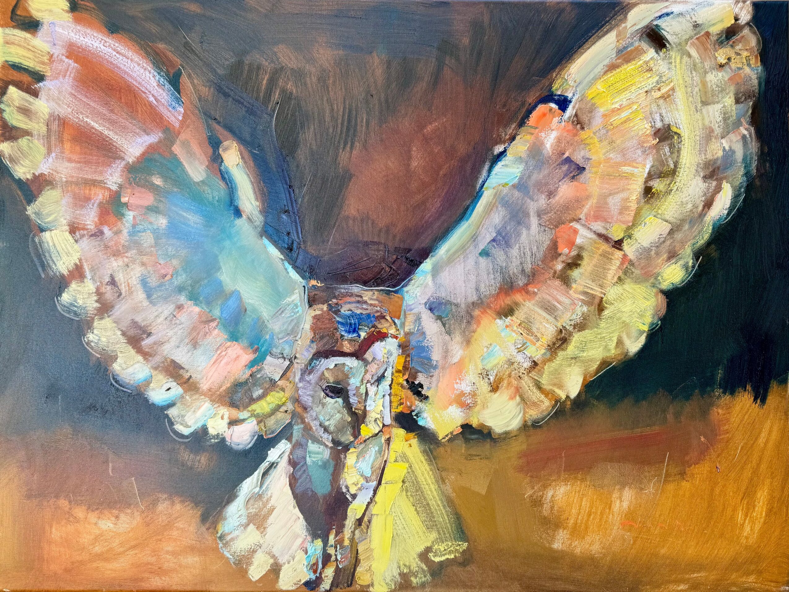 A butterfly with colorful wings spread open, painted in an impressionistic style with vibrant brushstrokes.
