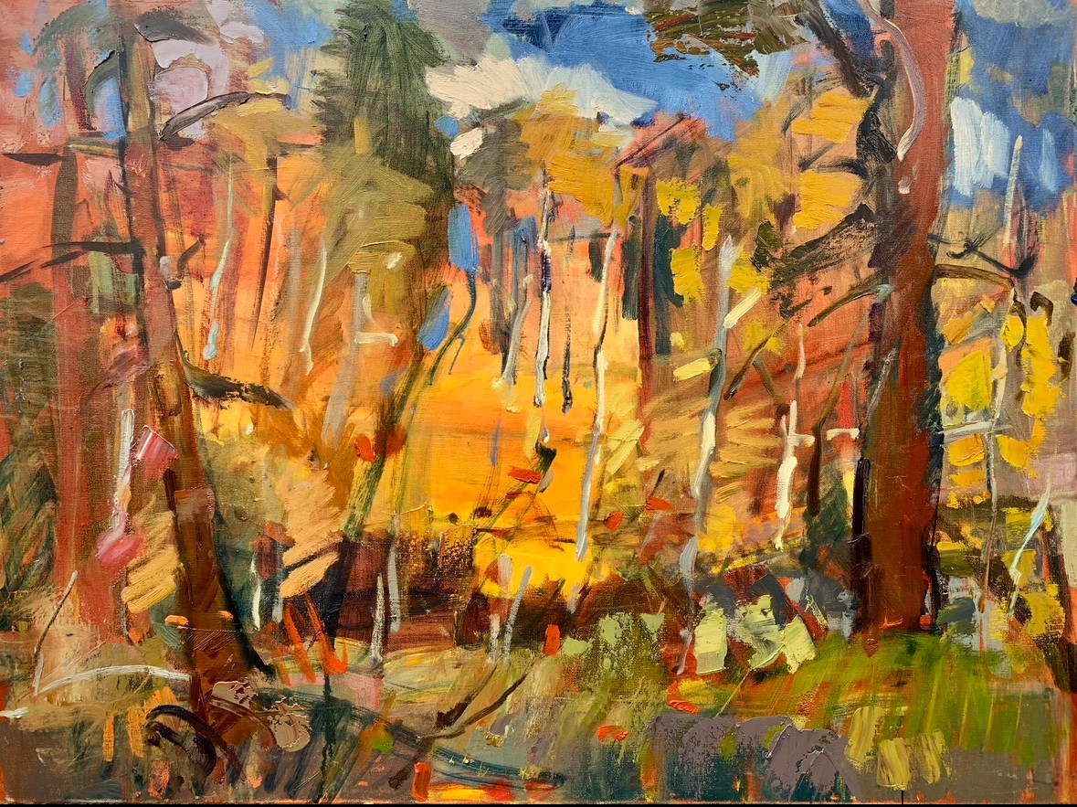 Abstract painting of a forest with trees in autumn colors, using bold brushstrokes and warm tones.