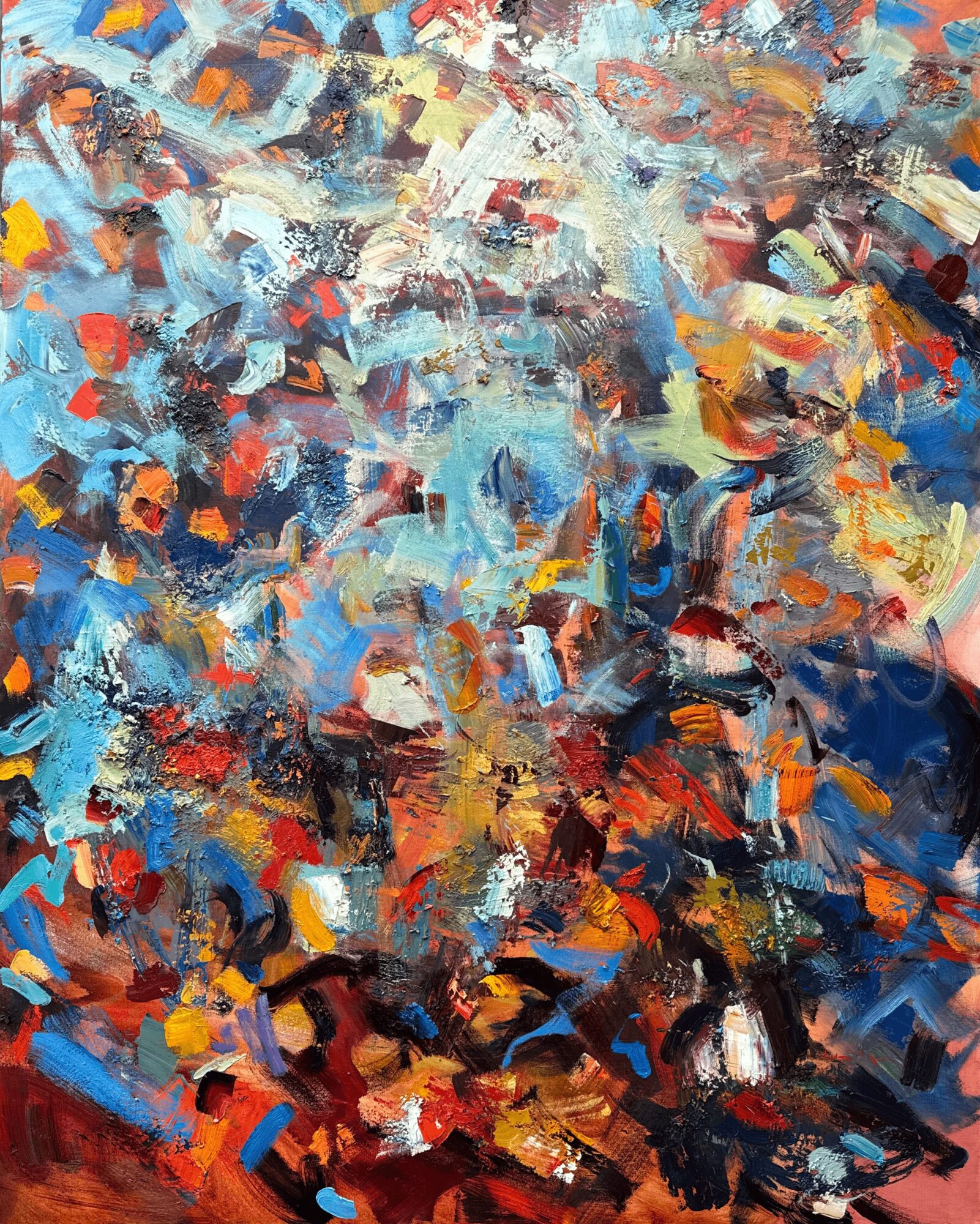 Abstract painting with vibrant colors, brushstrokes, and textures in blue, orange, yellow, and white hues.