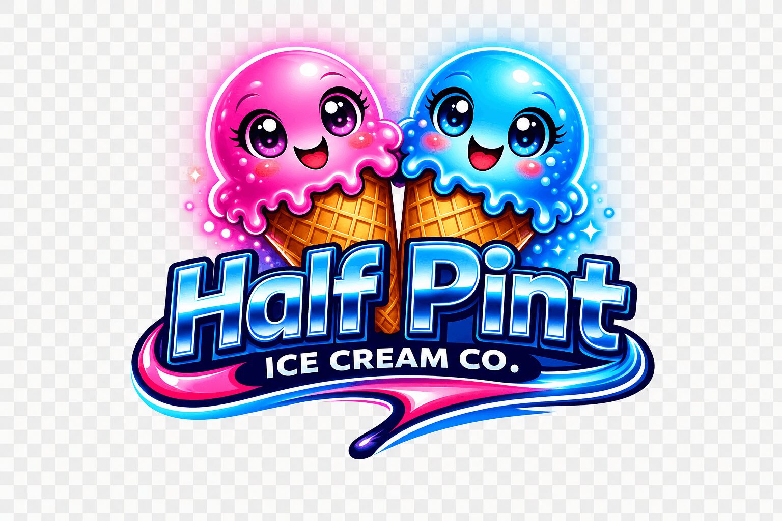 Two cartoon ice cream cones with smiling faces, one pink and one blue, above the text 