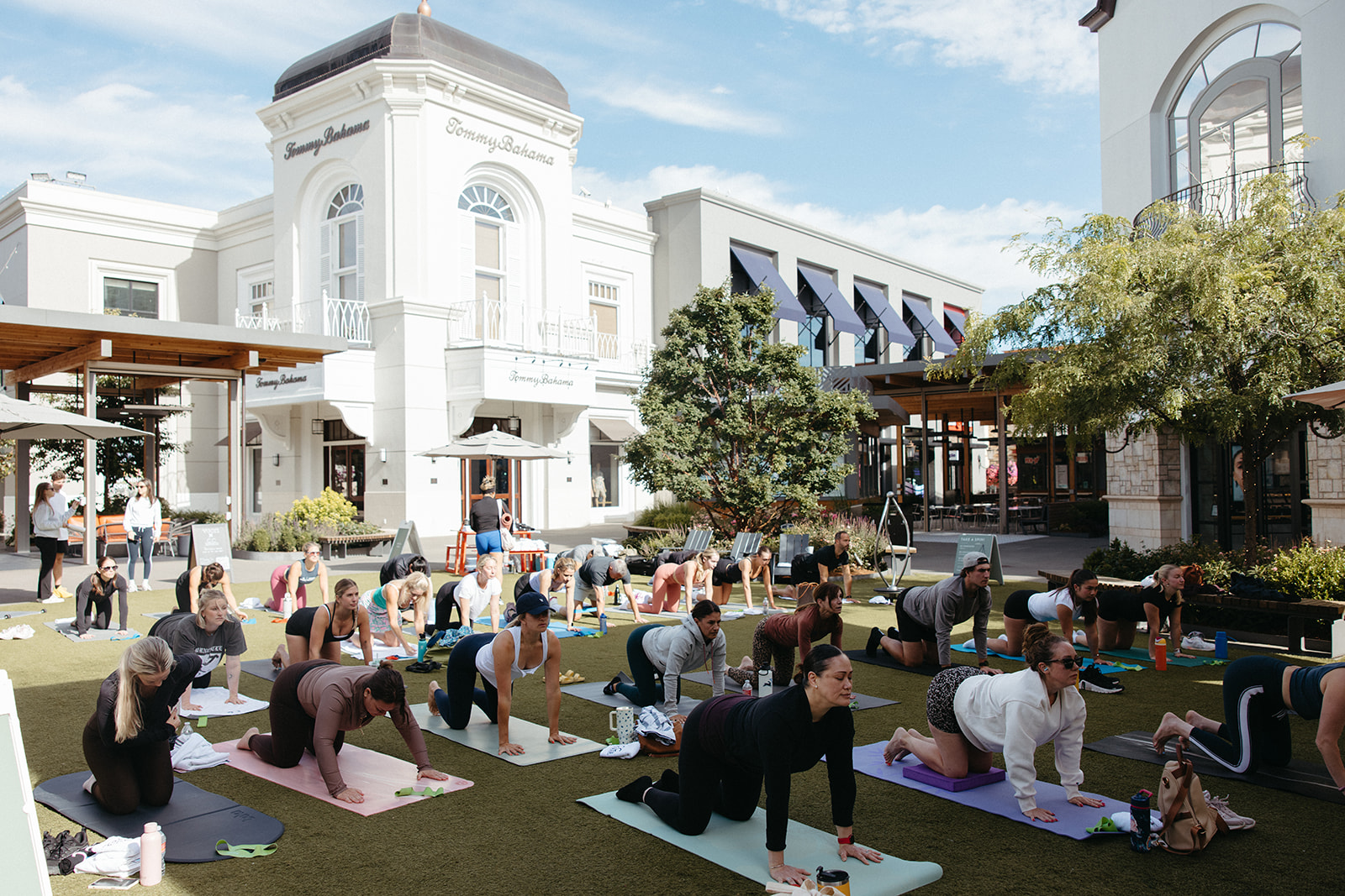 Group of people practicing yoga outdoors on mats in a city square with buildings and trees.