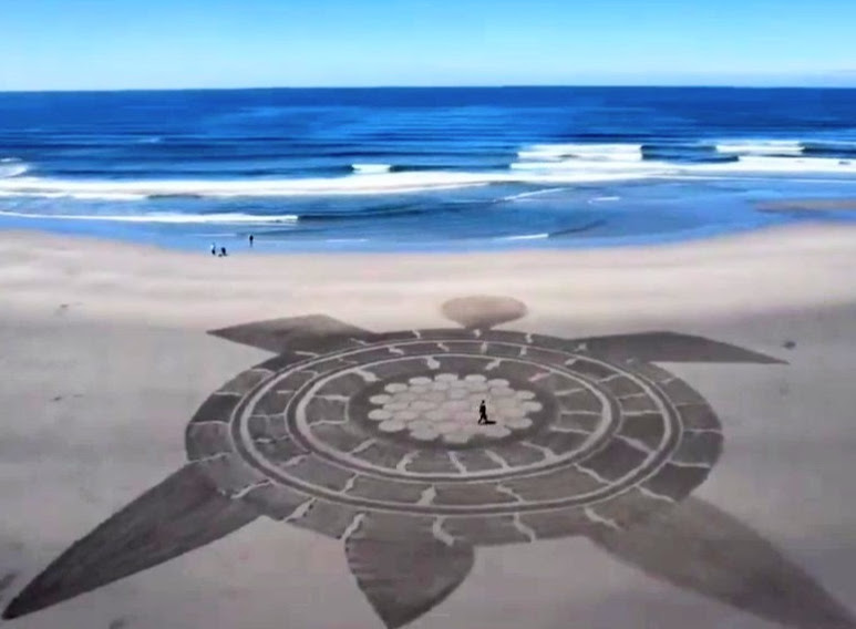 A large, intricate shadow pattern on the beach resembles a spaceship or aircraft, with the ocean and sky in the background.