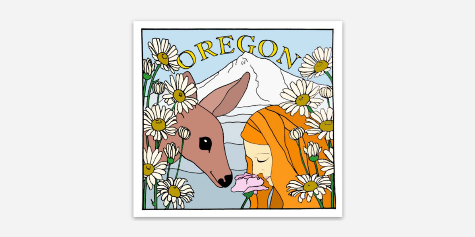 A girl and a kangaroo sharing a flower among daisies, with 'Oregon' written above, in a colorful illustration.