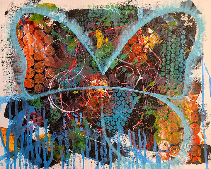 Colorful butterfly with abstract background, vibrant orange, blue, green, and black hues, spray paint effects, and textured patterns.