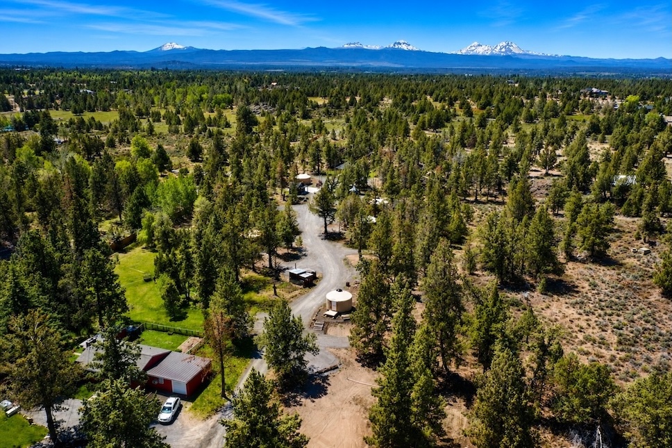 A forested area with scattered buildings and a dirt road, mountains in the distance under a blue sky.