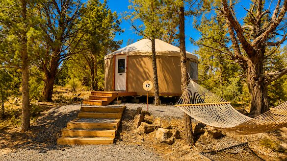 A yurt on a wooden platform surrounded by trees, with a hammock nearby and a clear blue sky.
