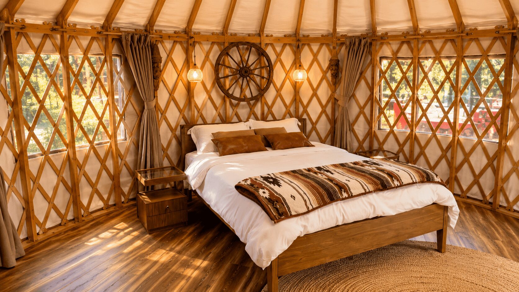 Interior of a yurt with a bed, wooden walls, and windows, decorated with a wheel and curtains.