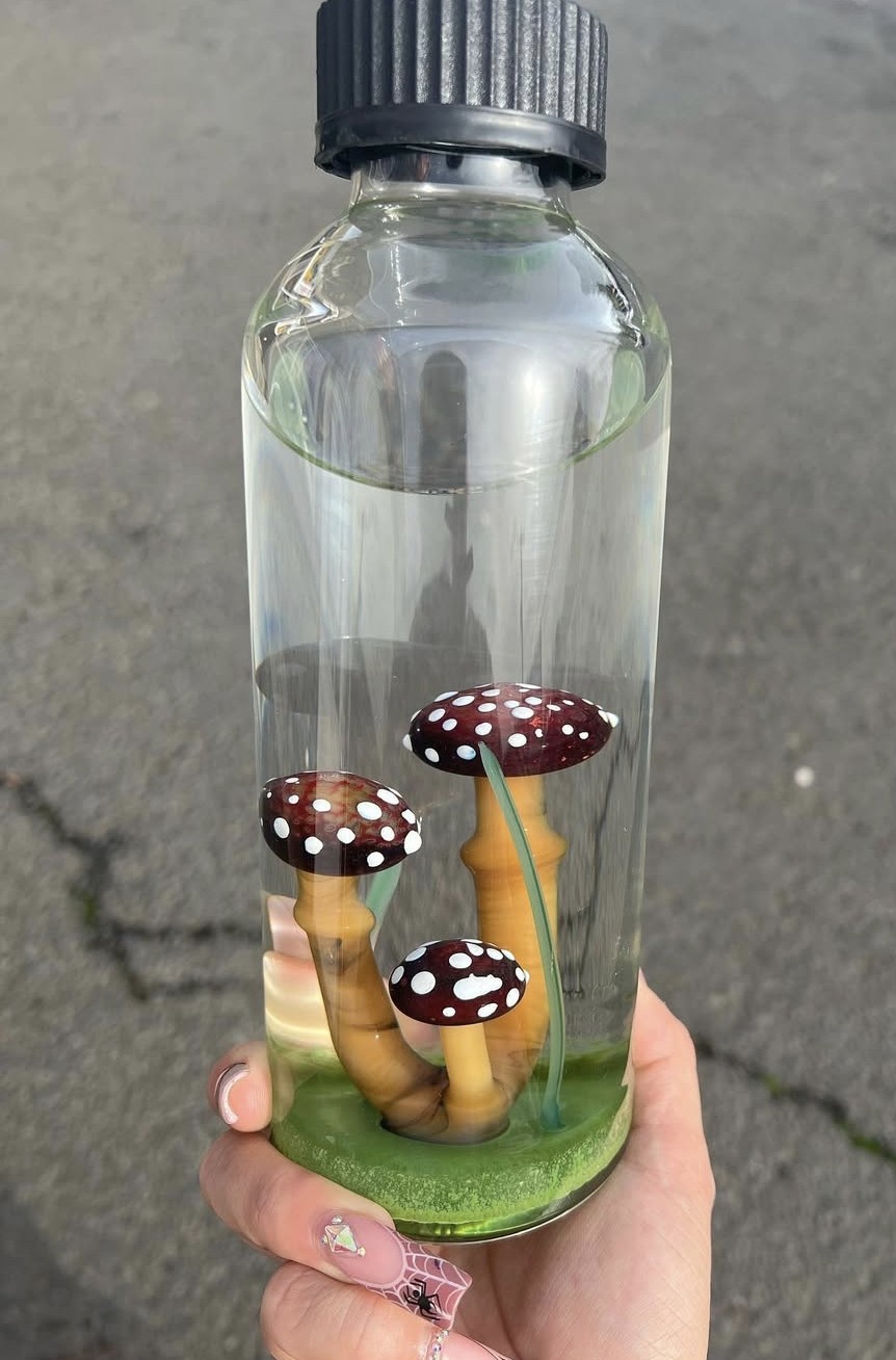 Hand holding a clear bottle with three mushrooms inside, set against a gray background.
