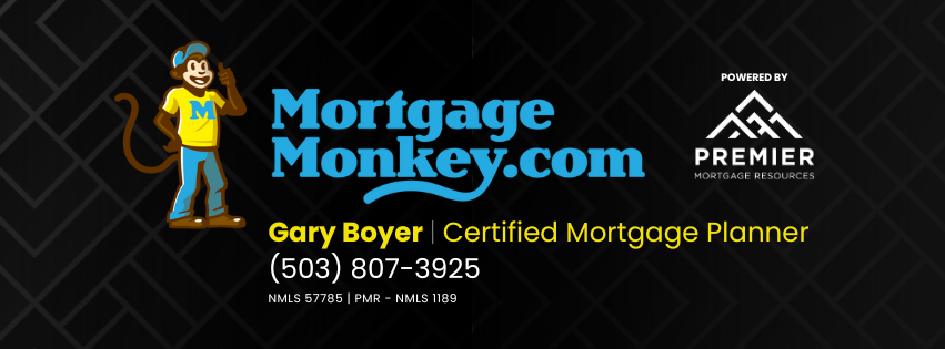 Business card for MortgageMonkey.com featuring a cartoon monkey mascot, contact info, and logos, with a black background.