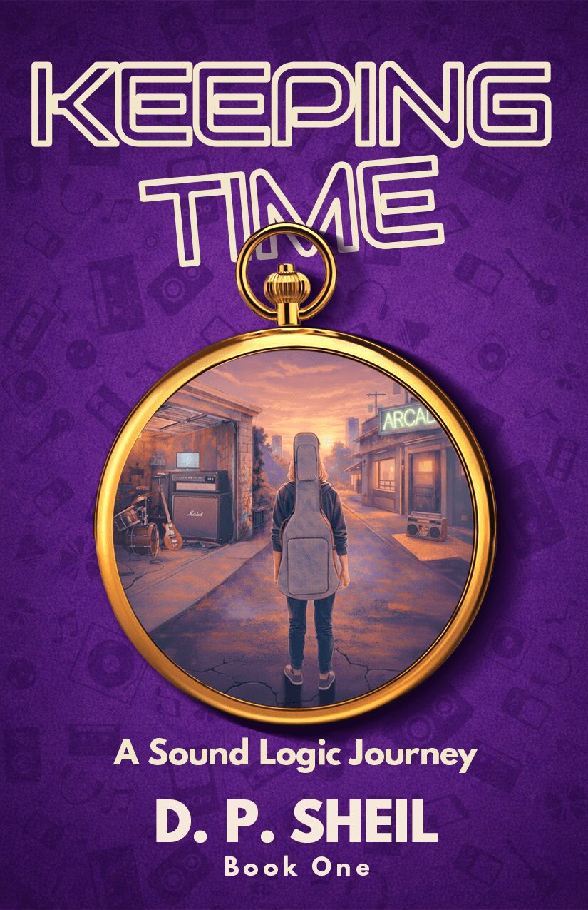 Book cover titled 'Keeping Time' with a person standing in a city street, a large pocket watch, and purple background.