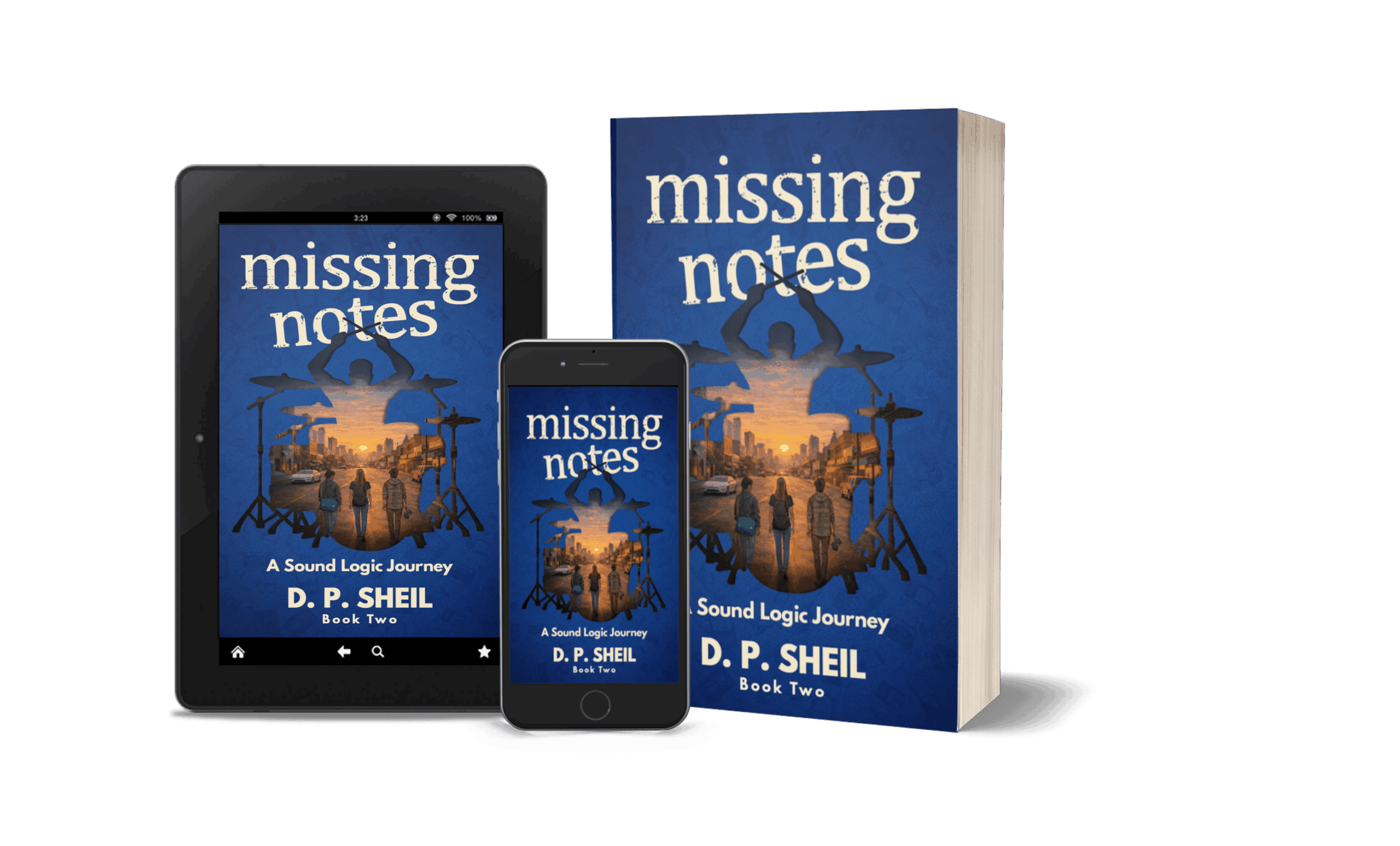 Three blue book and electronic device covers with the title 'missing notes' and a silhouette of a cityscape, against a black background.