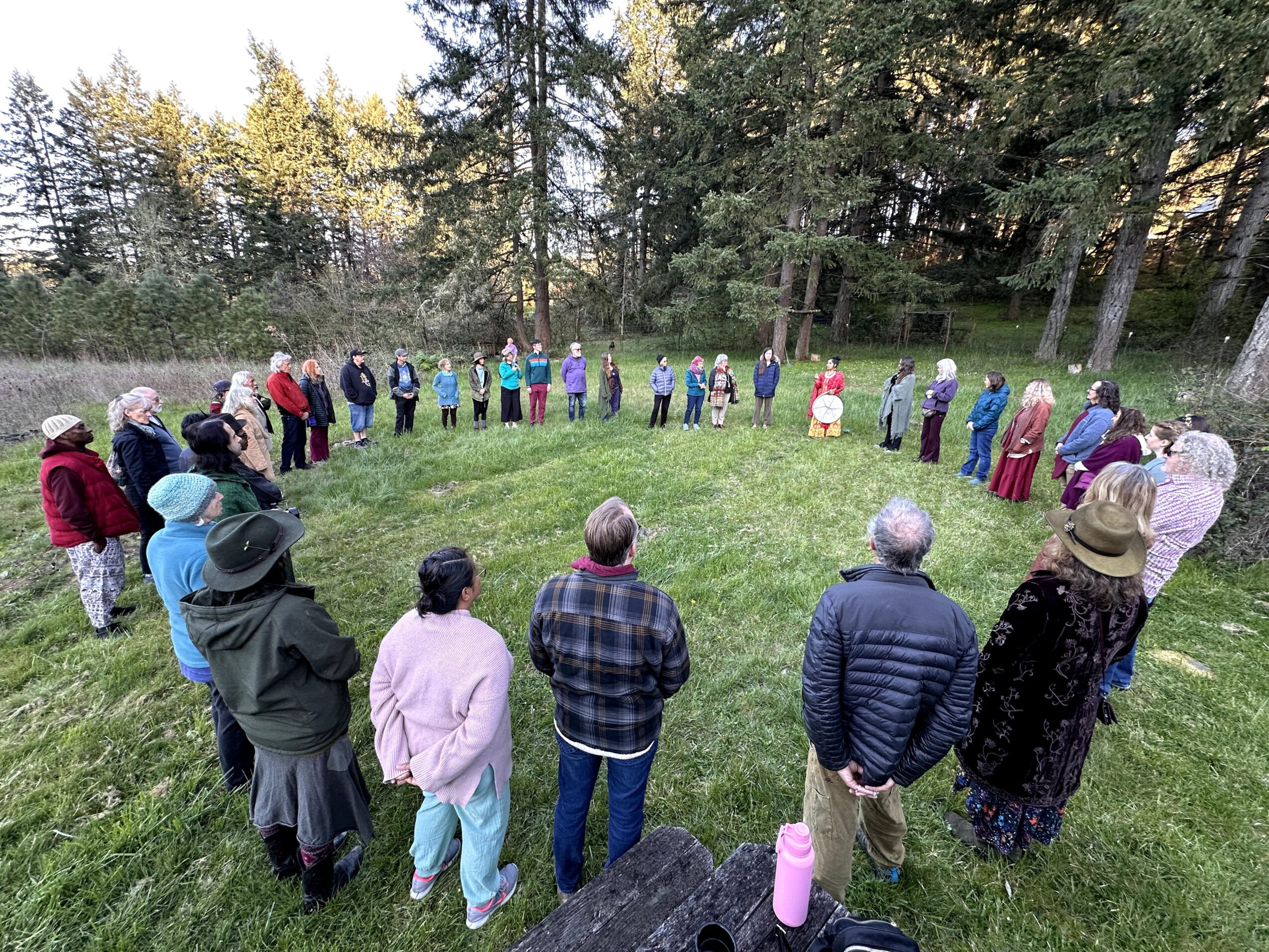 Group of people standing in a circle on grass in a wooded area during daytime.