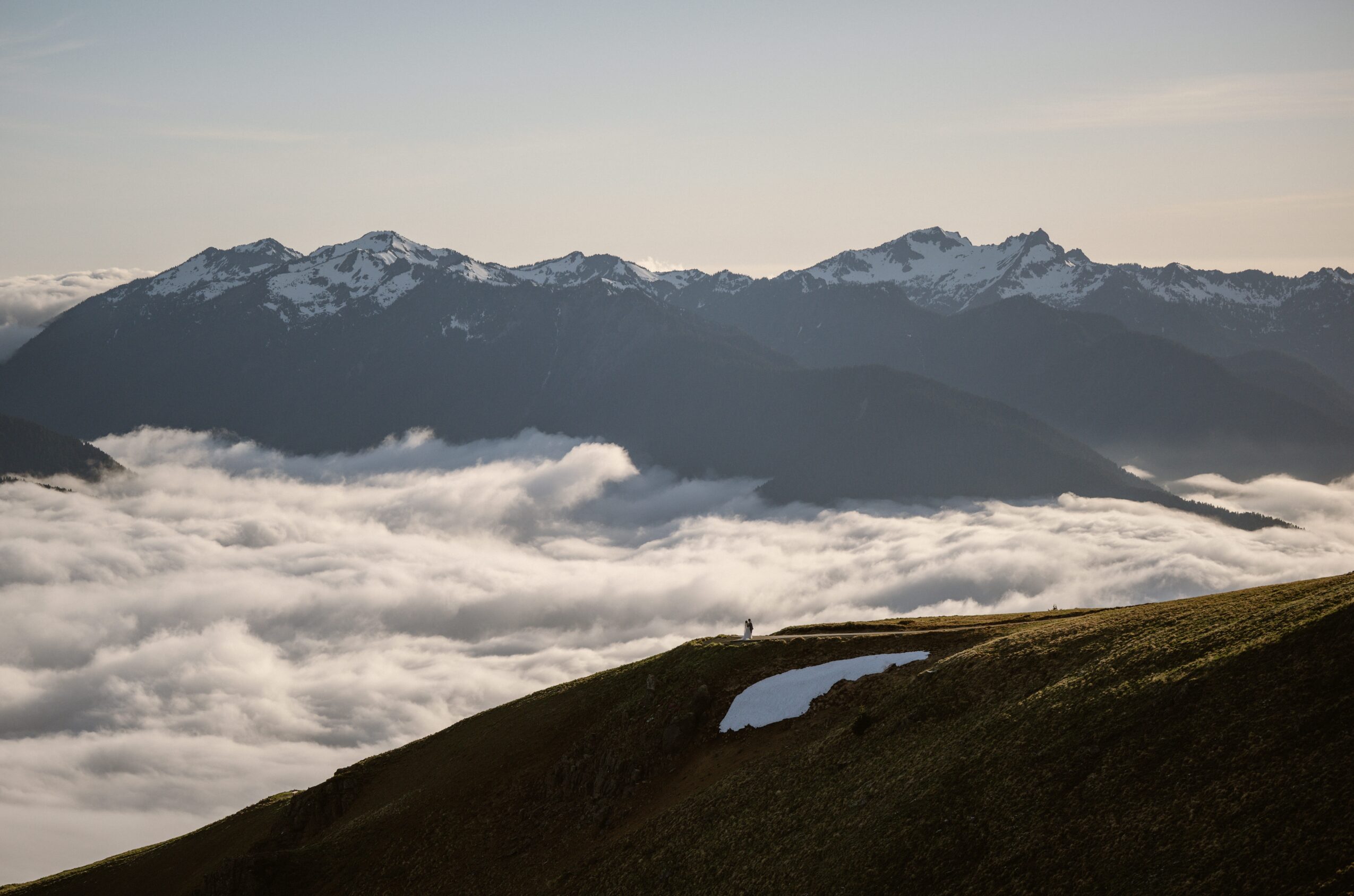 Mountain range with snow-capped peaks above clouds, grassy hillside with small pond in foreground.