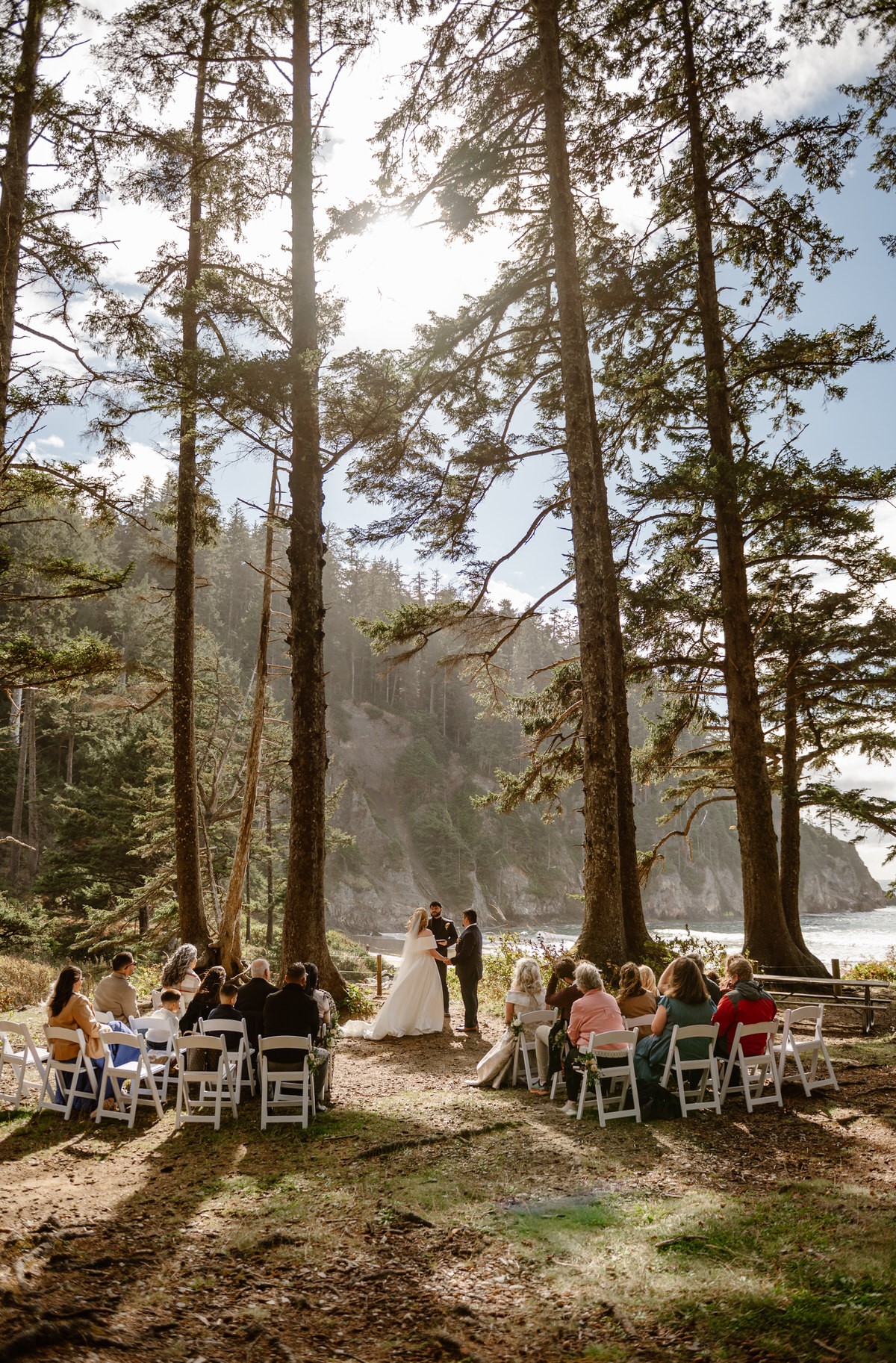 People gathered outdoors in a forest with tall trees, sunlight shining through, and a waterfall in the background, during daytime.